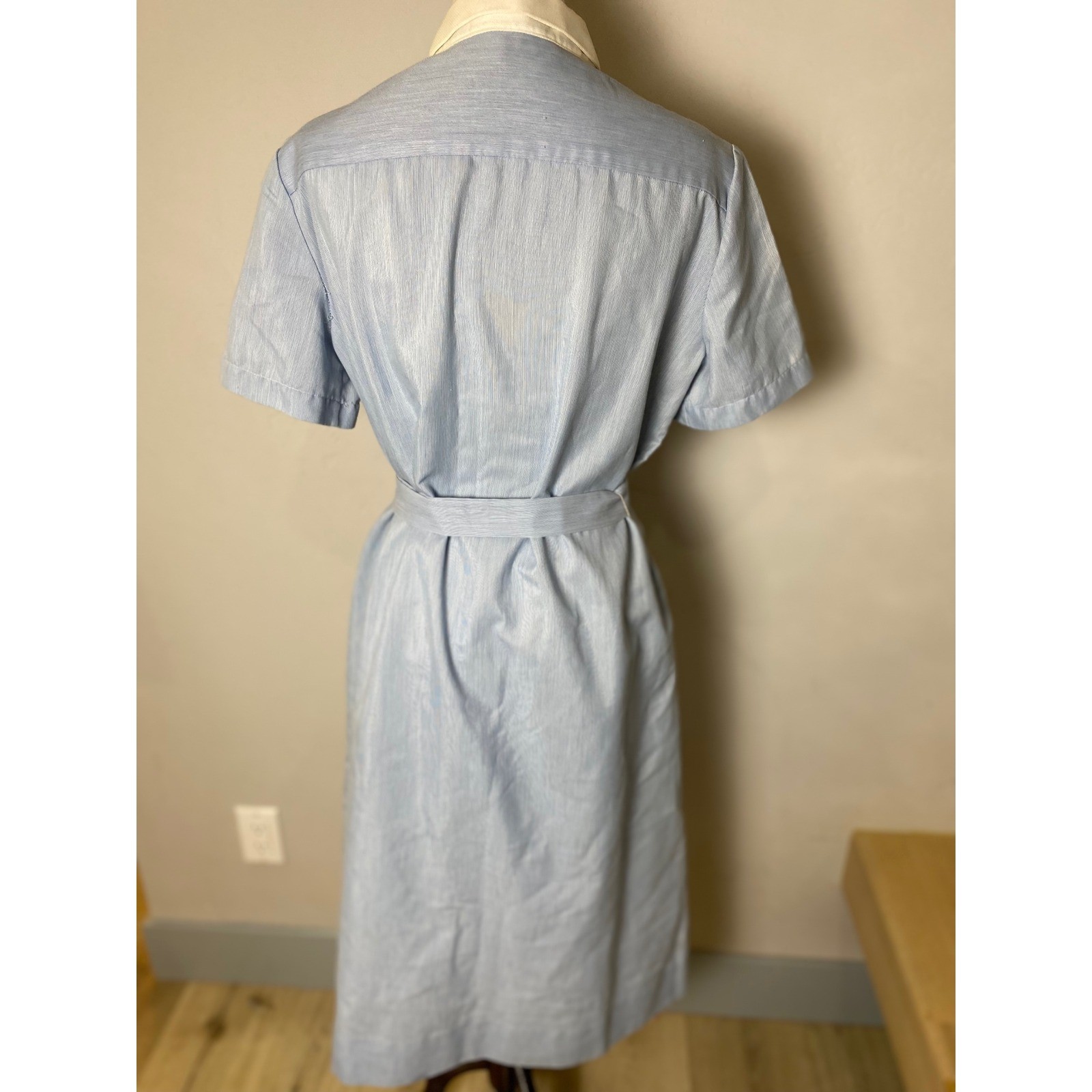 Vintage 1950s The Fifth Addition Blue Pinstripe Shirt Dress Contrast Collar Belt