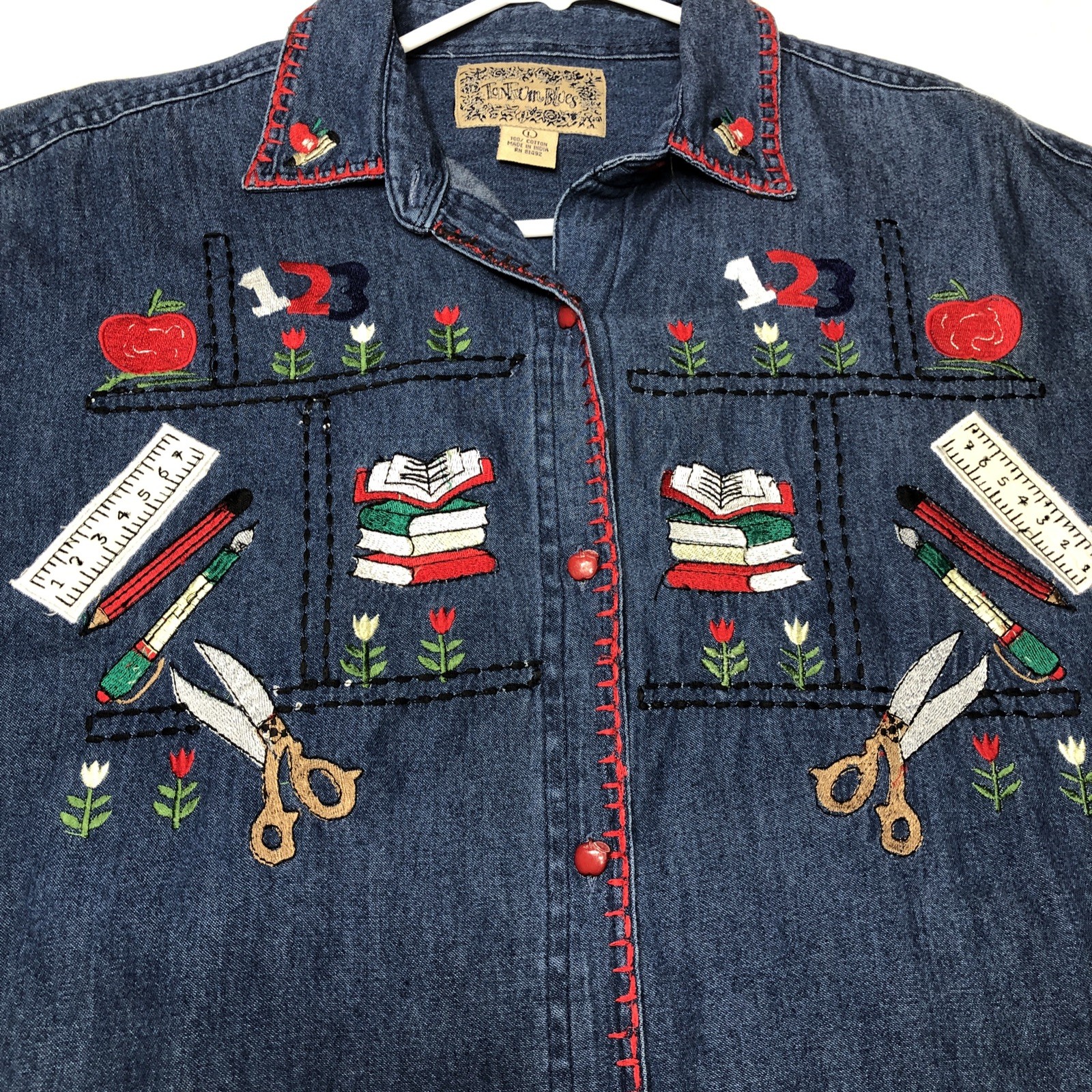 Vtg Denim Shirt Women’s Large Embroidered Elementary School Class Teacher