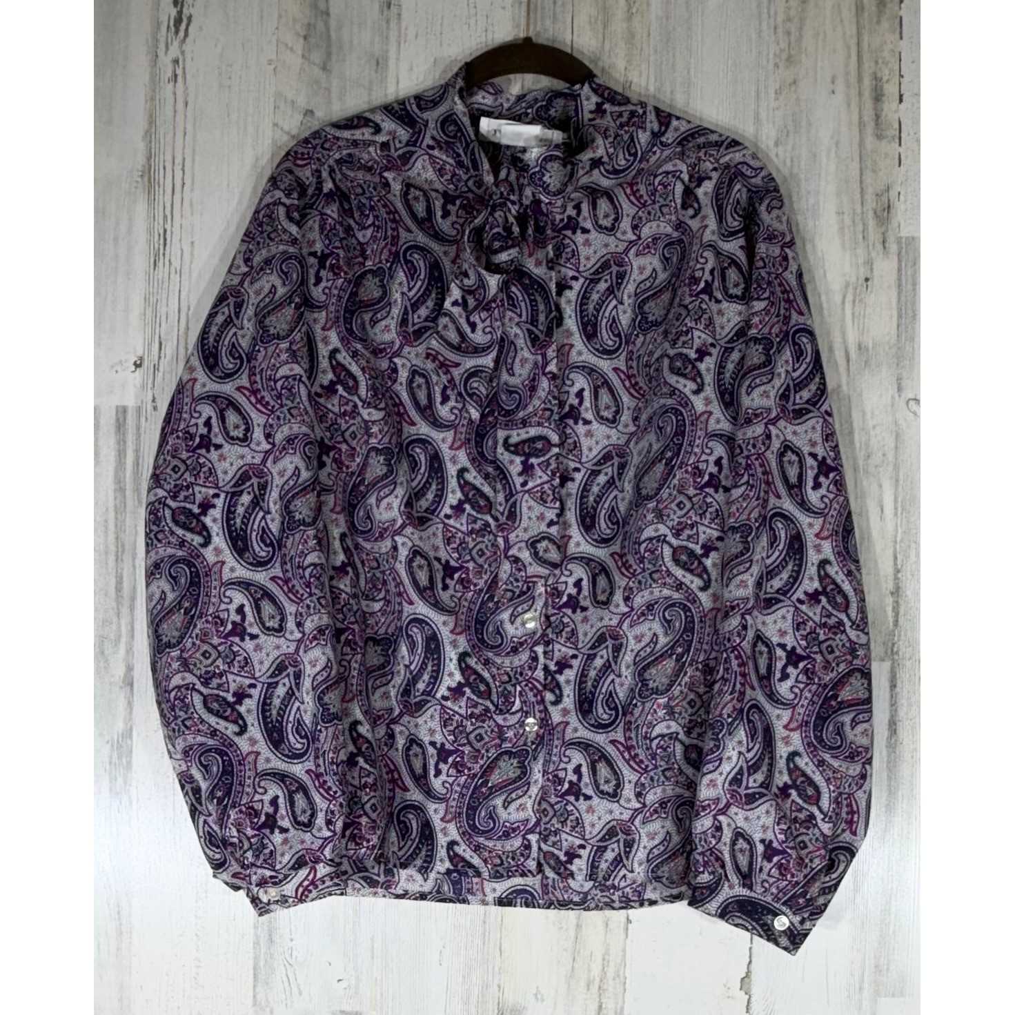 Lady Arrow Blouse Large Purple Paisley 80s Secretary Tie Neck Dark Academia USA