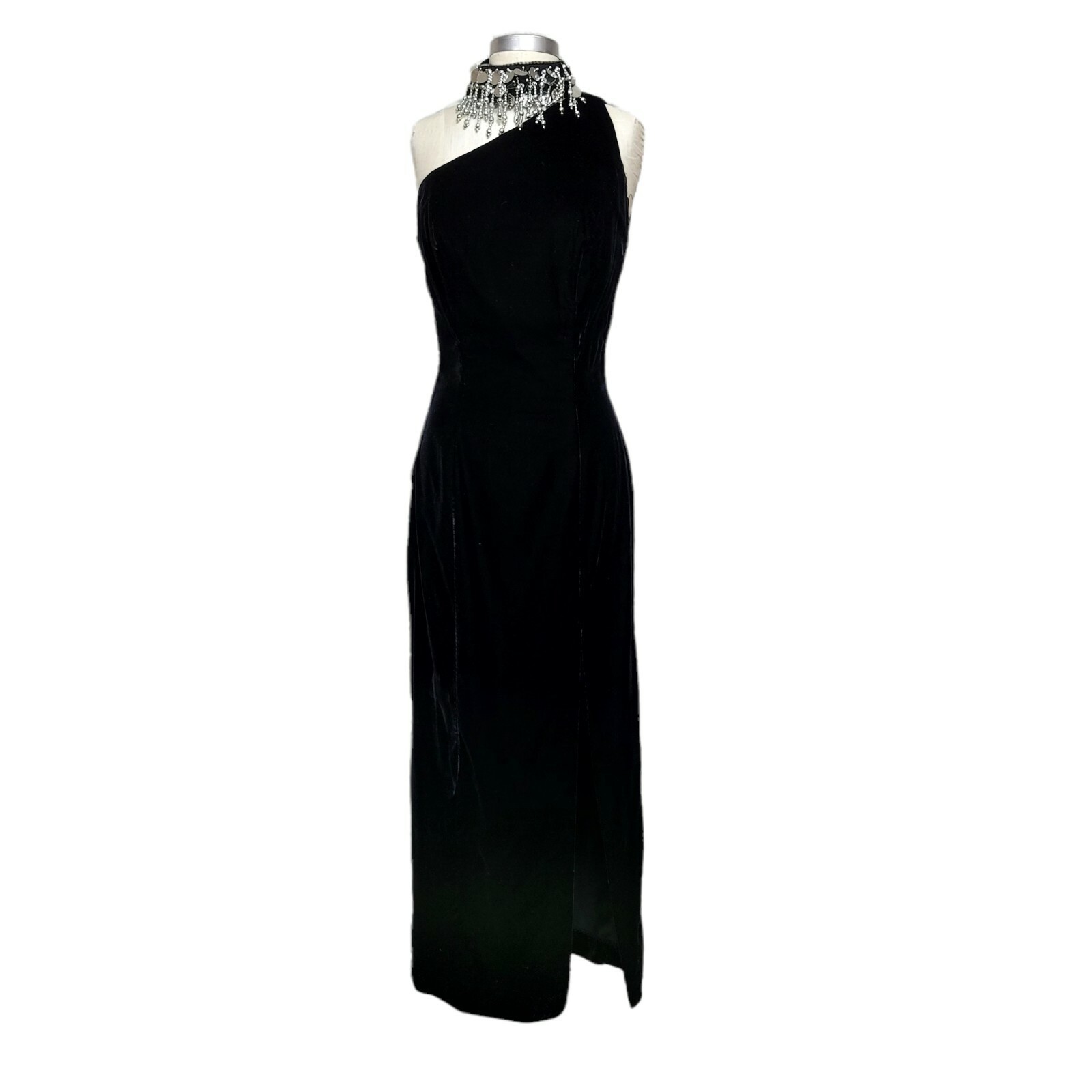 Vintage 90s Karen Okada Climax Black Velvet One Shoulder Maxi Gown Beaded Collar