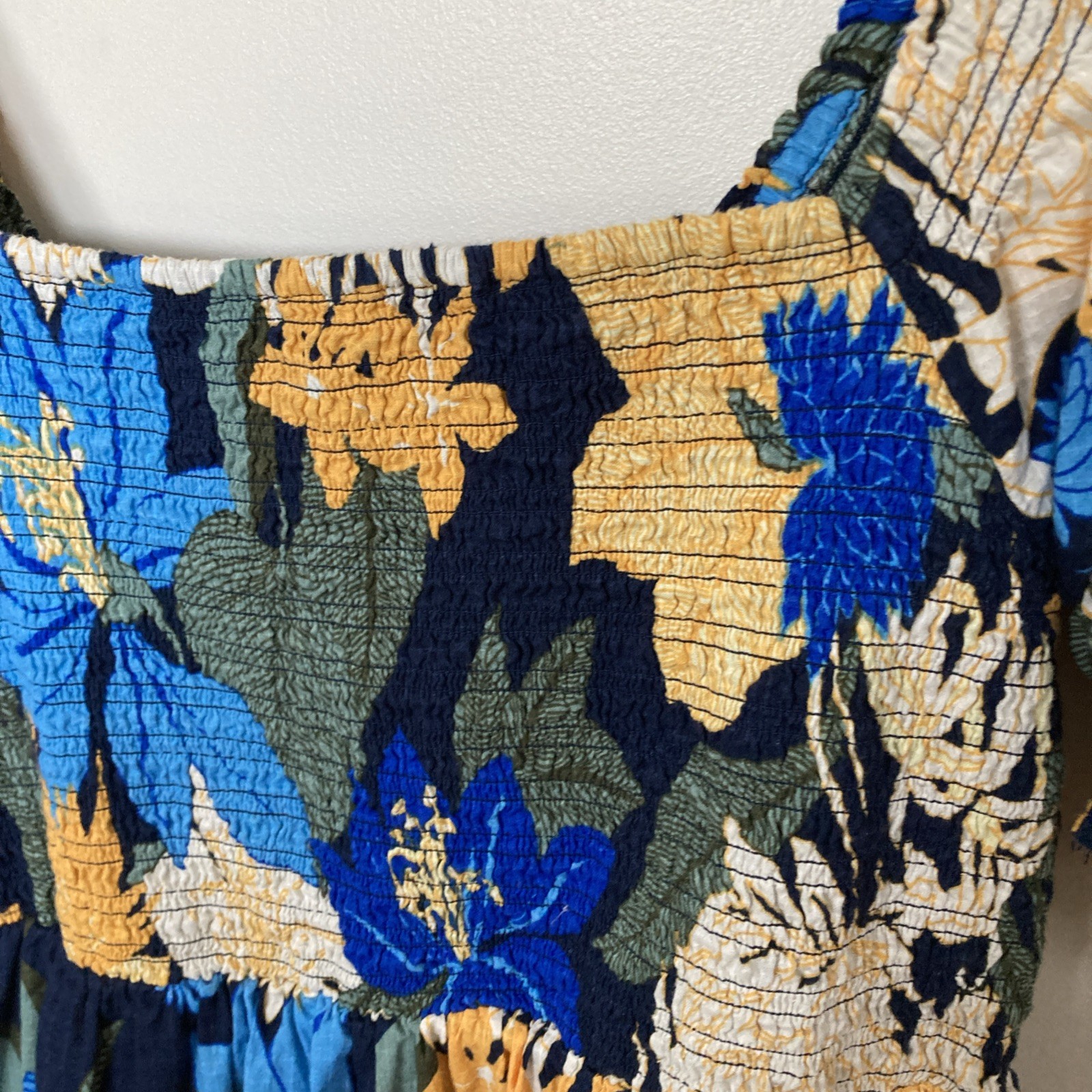 Land’s End Women’s Smocked Peasant Dress L/P 14-16 Blue Yellow Cotton Lined Vtg