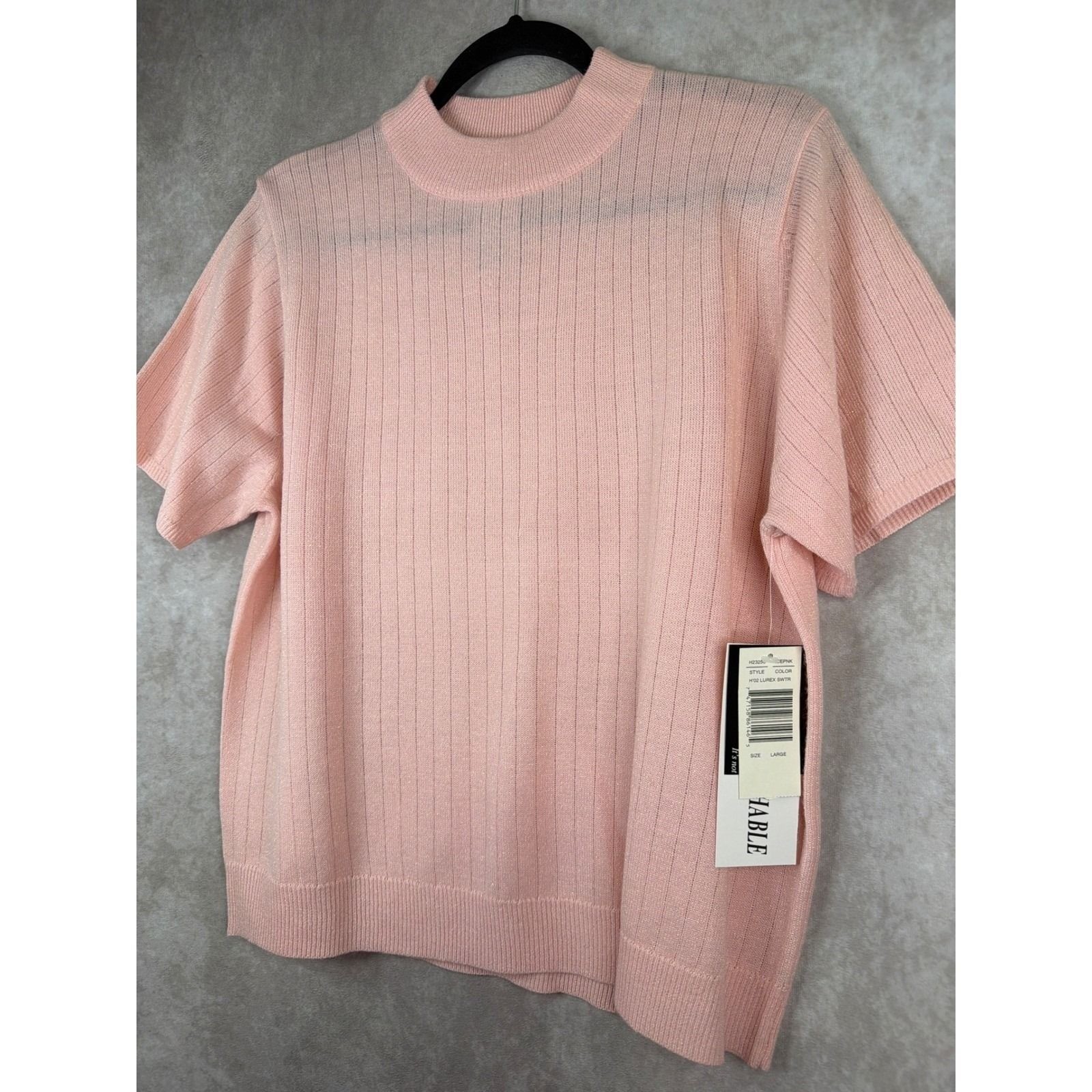NWT VTG Sag Harbor Ice Pink Metallic Ribbed Mock Neck Short Slv Sweater Size L