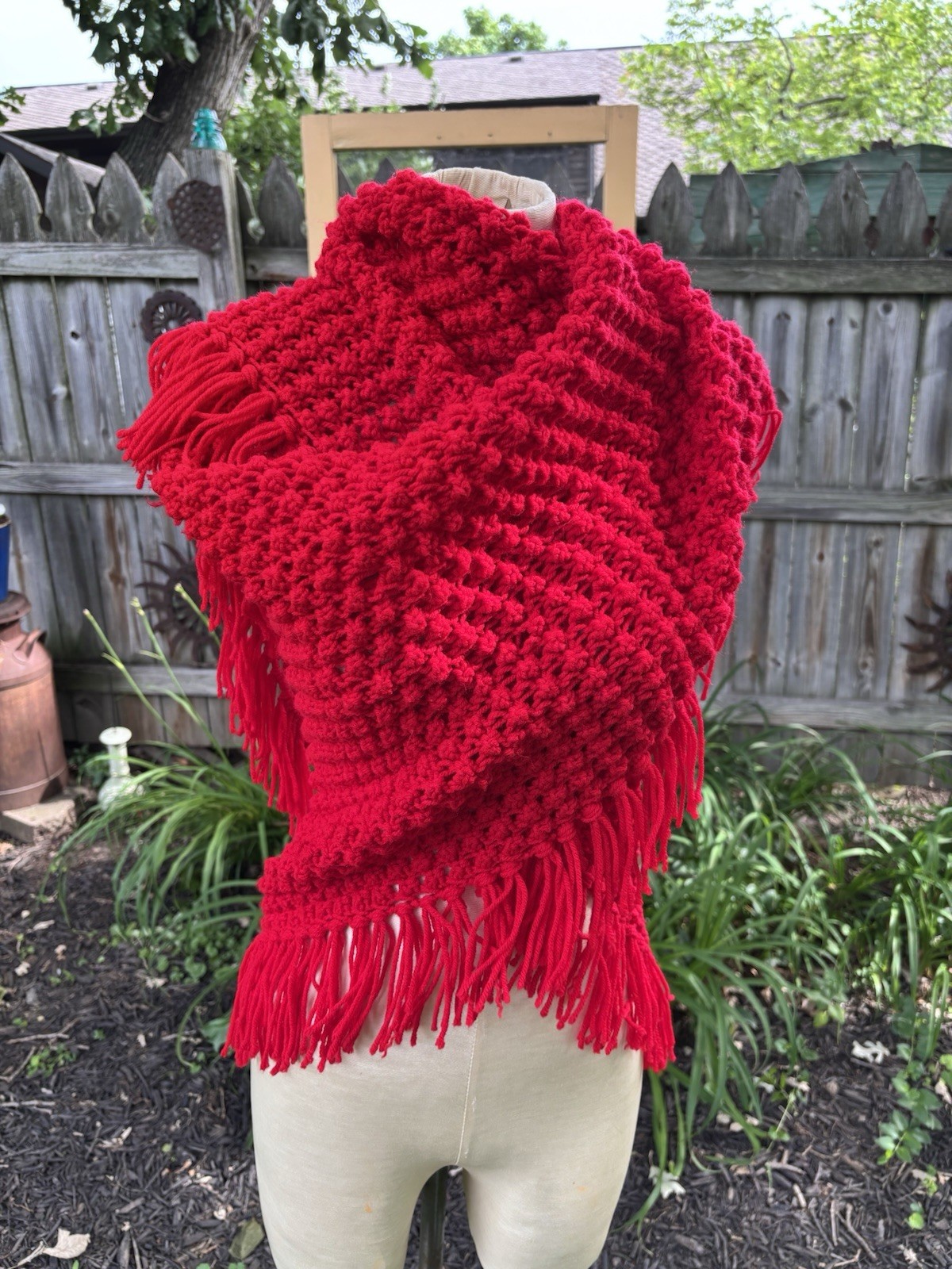 VTG Retro Shawl Boho Mod Handmade Crochet RED Poncho Wrap Fringe 40×80″