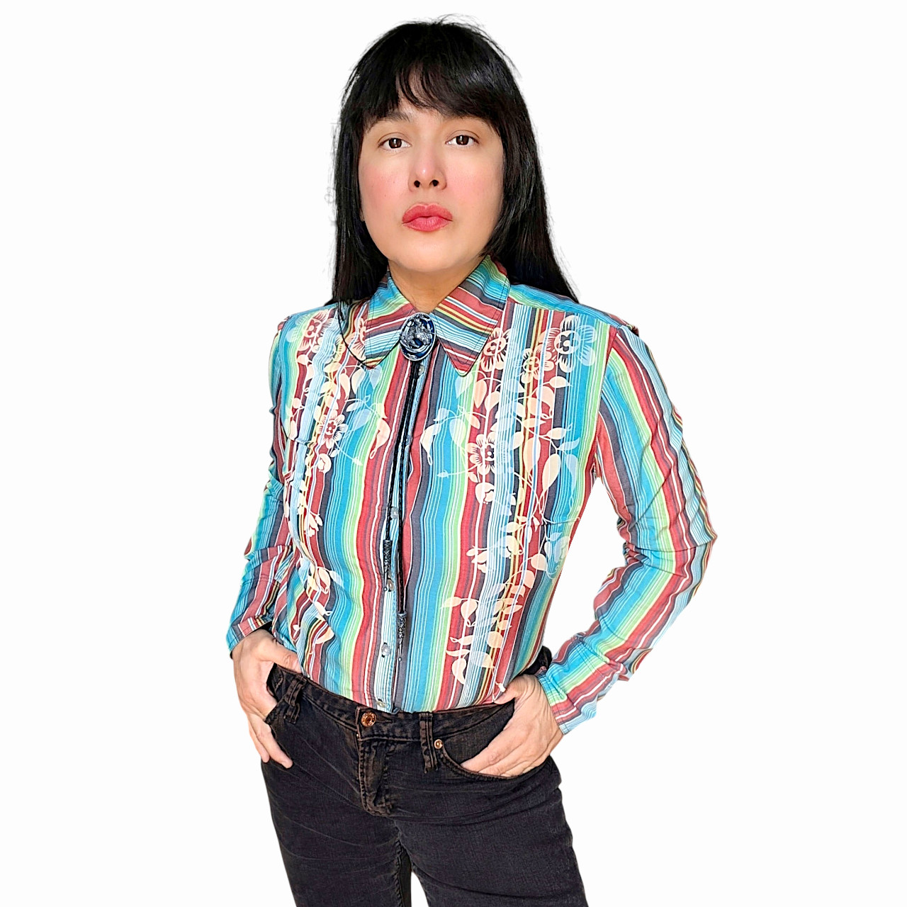 Oililly vtg floral floral stripped rodeo cow girl boho button up shirt W’s S/M