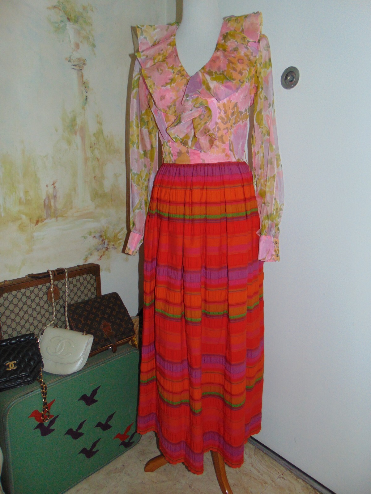 1960’s 70s LIPMANS Pink Orange Red Green Floral Dress Ruffled V Neck Maxi Womens