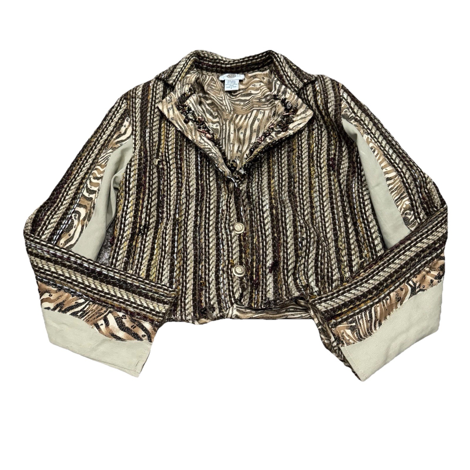 Sandy Starkman Textured Tweed Jacket Small Brown Beaded Trim Animal Print