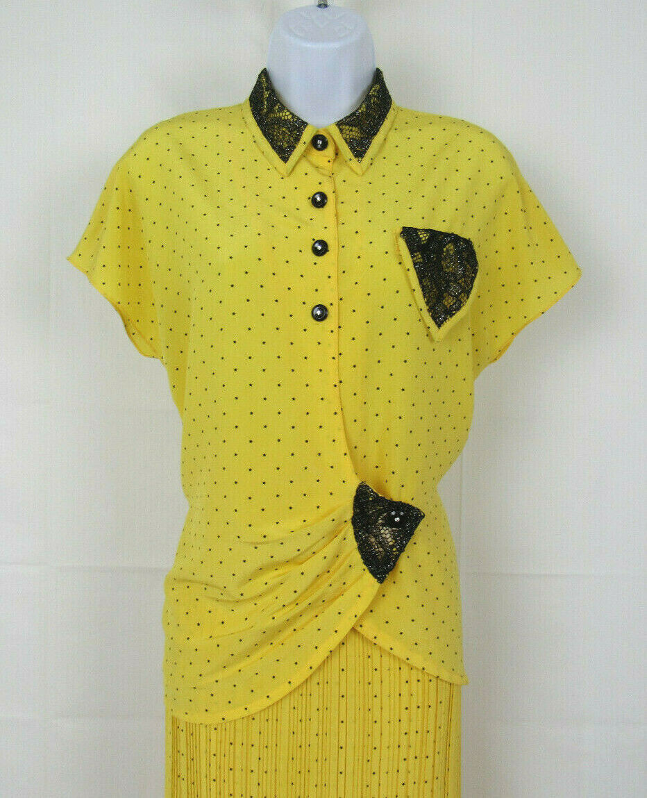 VTG 1980s GAUNILLO OF FRANCE DESIGNER SKIRT & TOP YELLOW BLACK & SILVER LACE