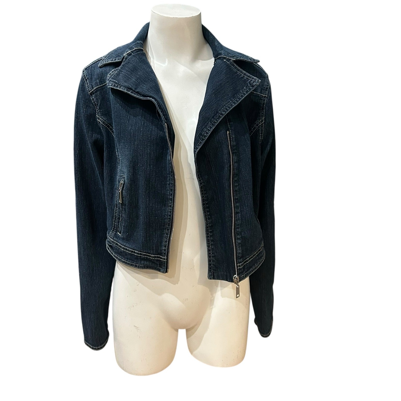 Y2K Cropped Denim Moto Jacket Asymmetrical Zip Front Stretch / Women’s Small ^