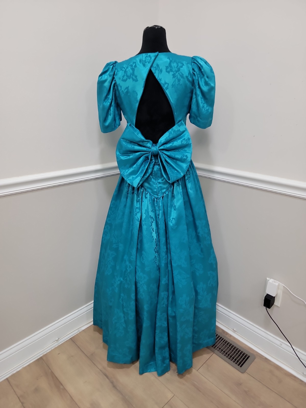 VTG 80s Emerald Satin Ball Gown Puff Sleeve Prom Formal Evening Dress Bow #1