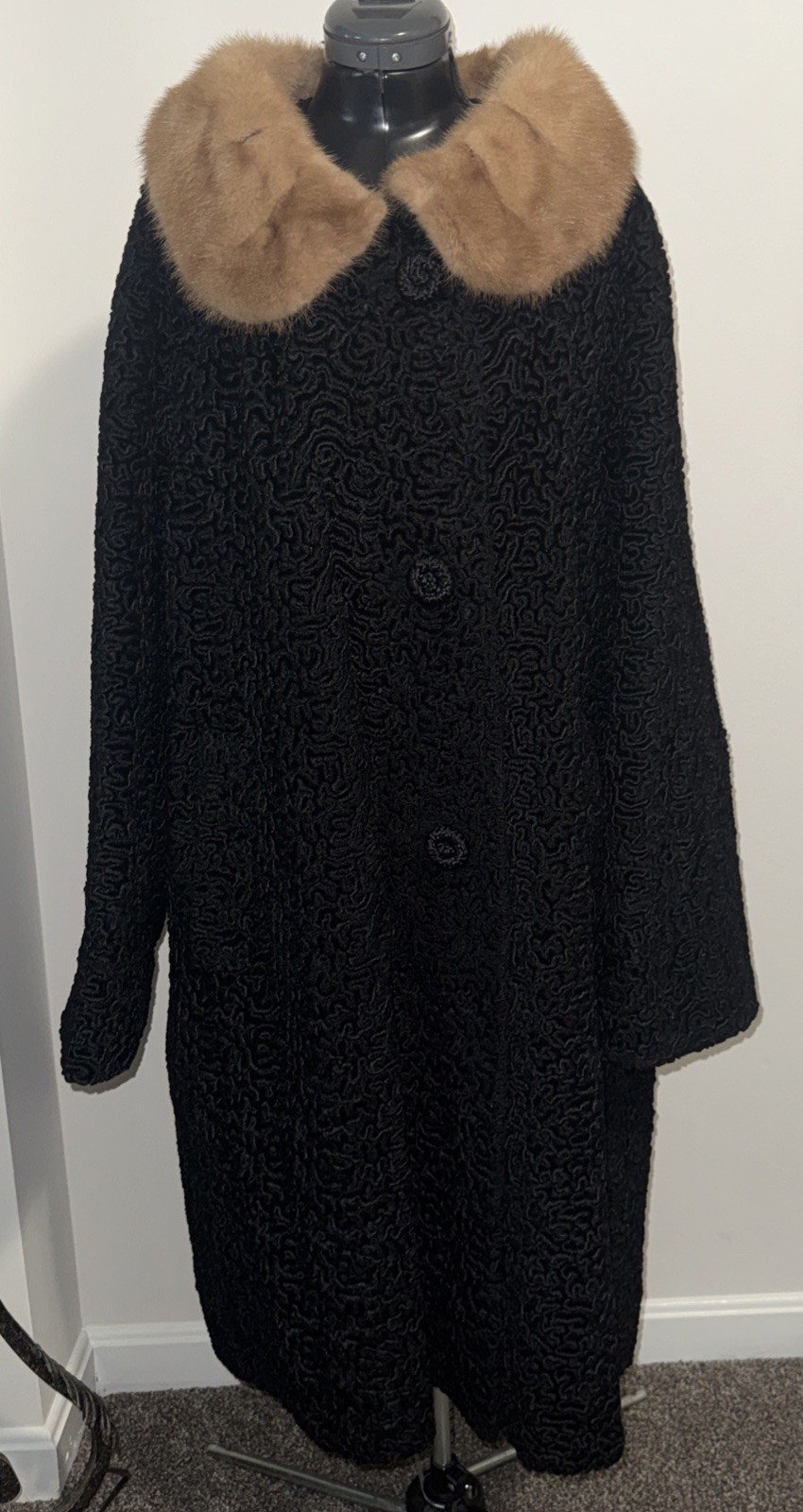 Vtg 50’s Astrakin Black Curly Persian Lamb Wool Swing Coat Mink Collar France L