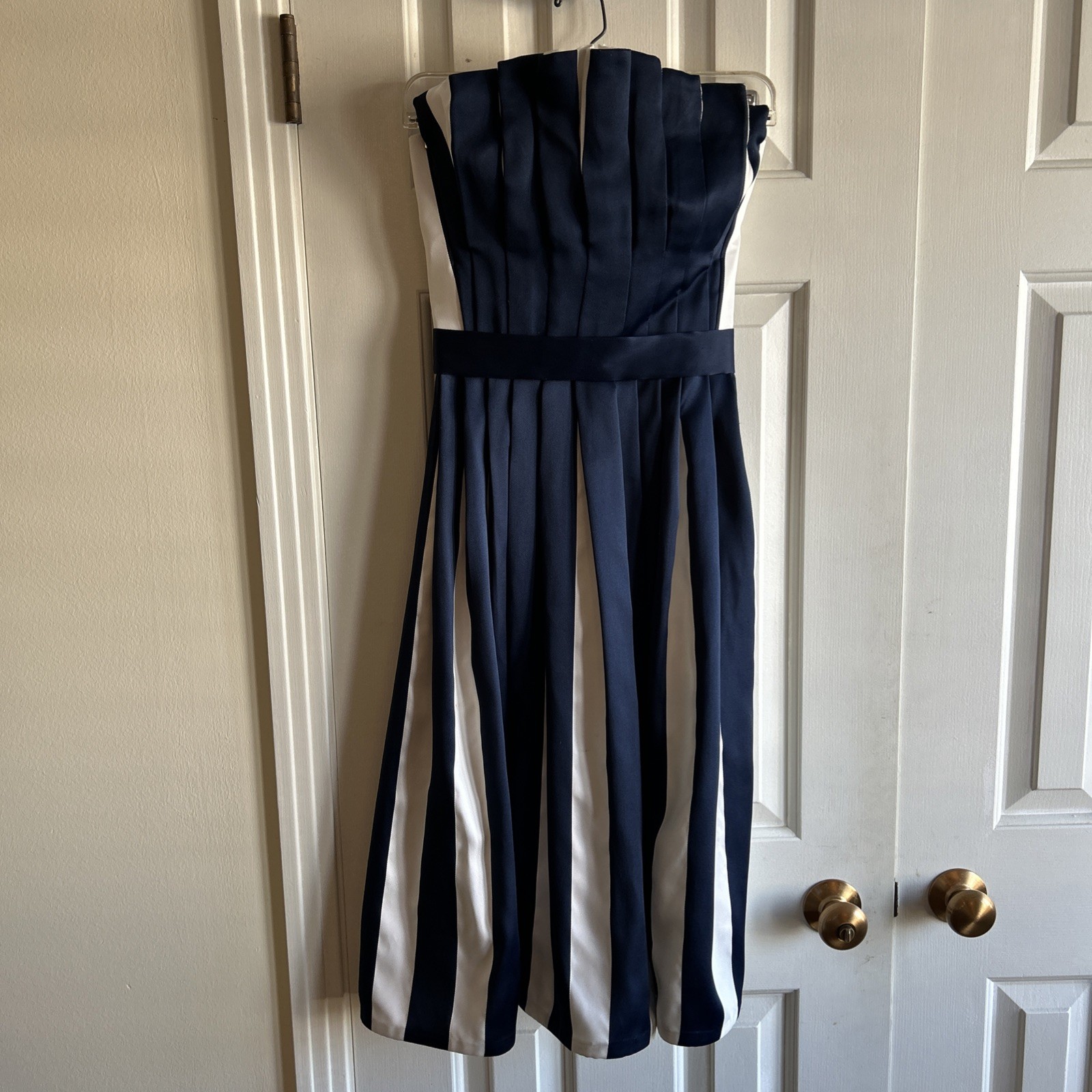 Vintage 80s Strapless Pleated Navy White Party Cocktail Evening Dress Size 4