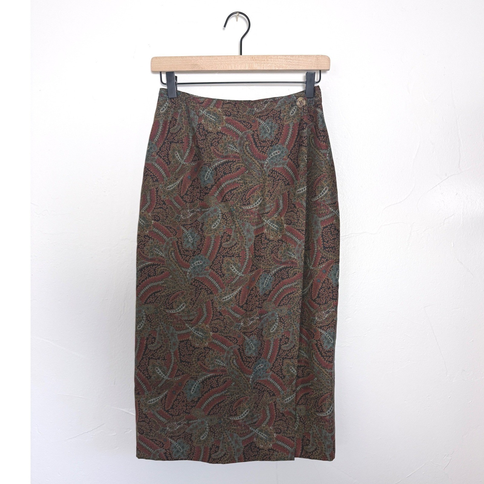 Vintage 90s North Franklin Street Paisley Rayon Wool Midi Skirt USA Size 6