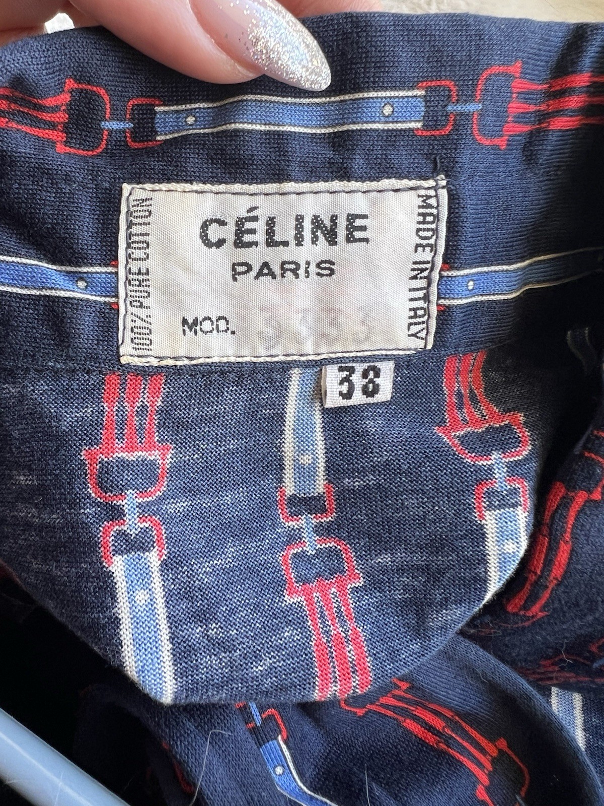 Vintage CÉLINE 1970s Equestrian Print Cotton Dress Two Piece Blouse Skirt Set XS
