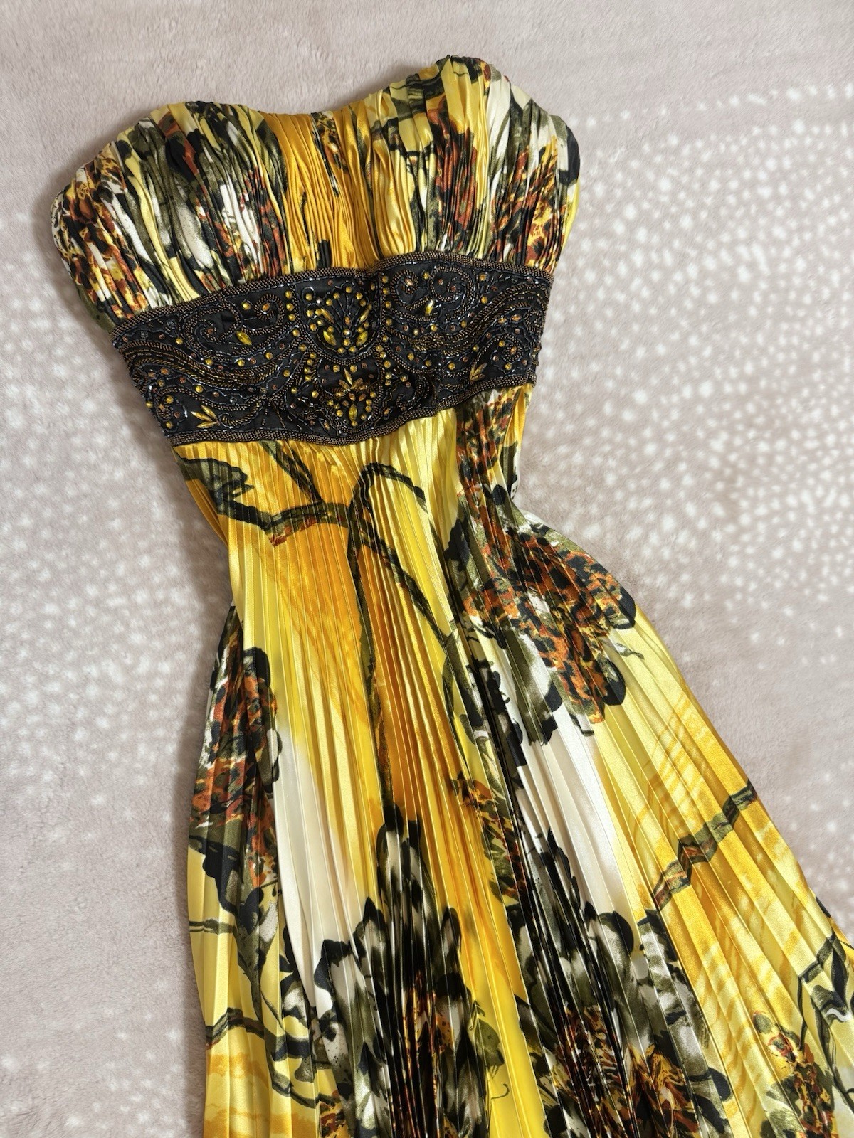 Vintage Yellow Leopard Floral Beaded Sequin Pleated Formal Gown Dress 14 Jovani