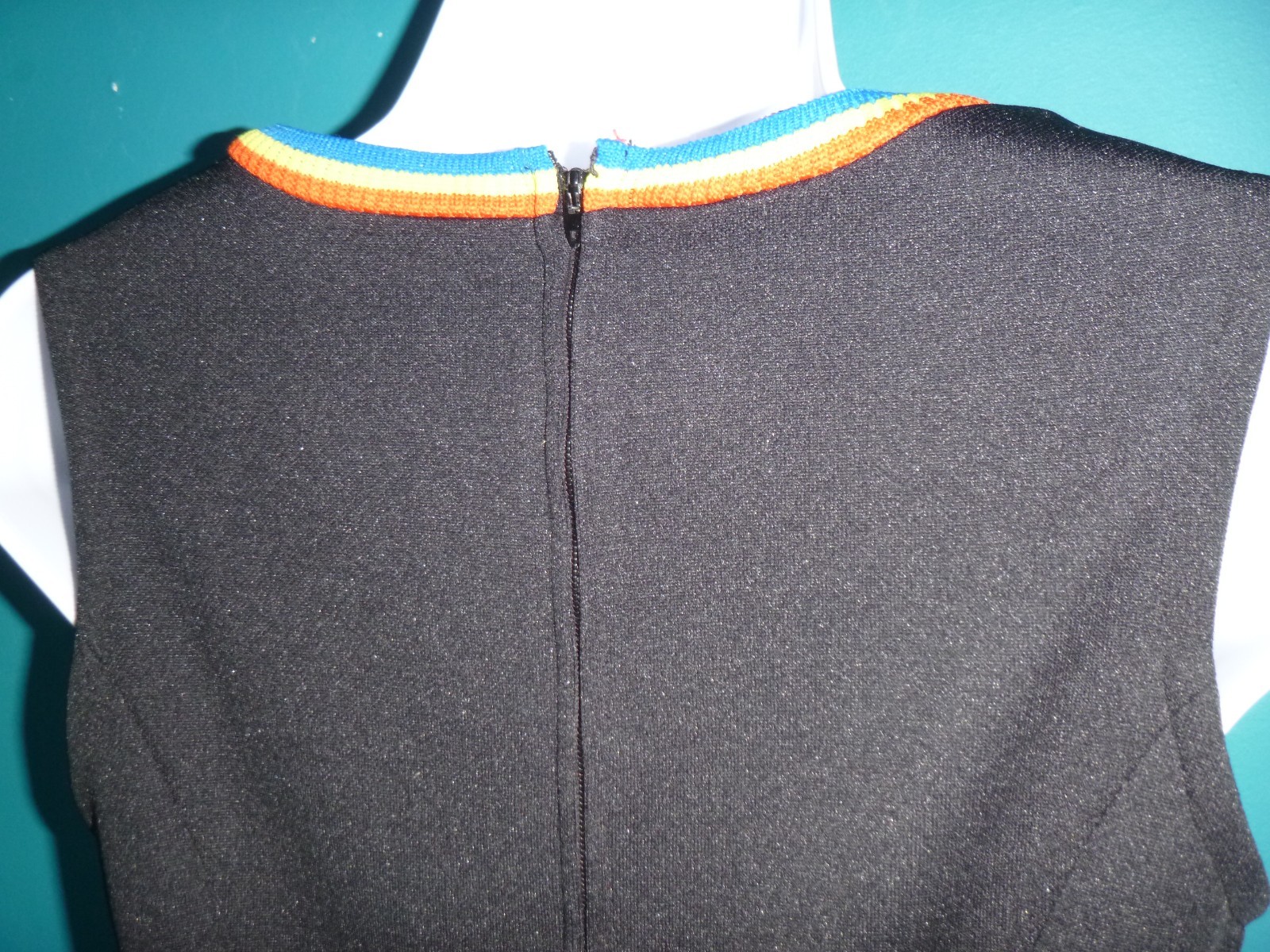 Vtg 70s Kelly Arden Stretch Poly Mini Dress W/ Cardigan Black Rainbow Trim Sz S