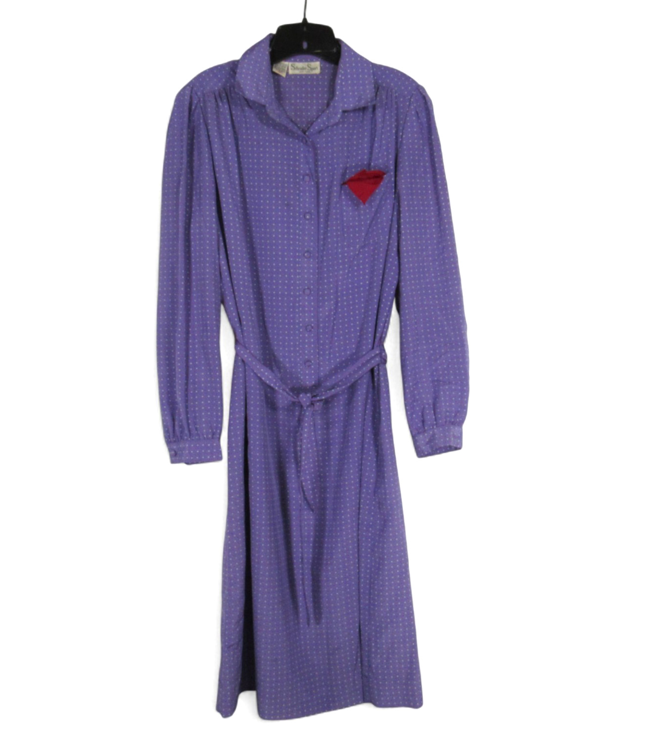 VTG SCHRADER SPORT Periwinkle POLKA DOT Tie Belt 1/2-BUTTON Satin SHIRT DRESS 16