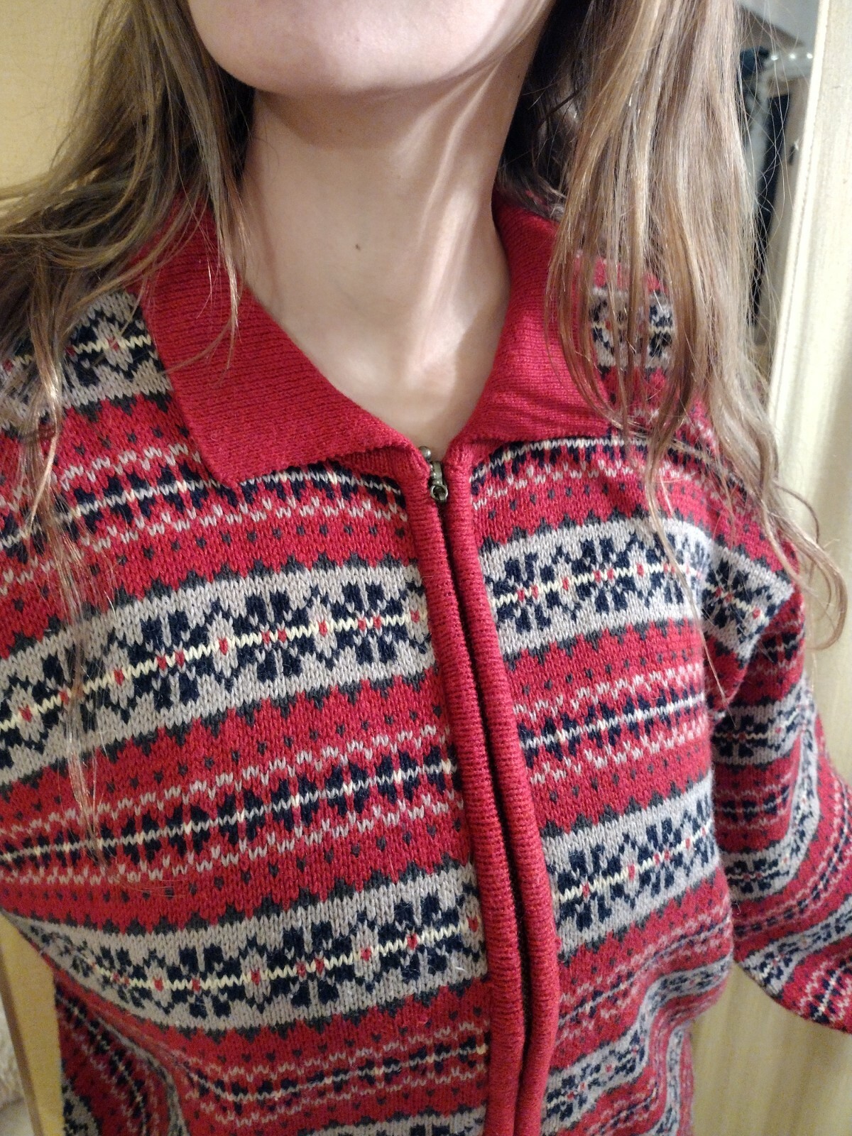 Paul Harris Design VINTAGE 1990’S L FairIsle Red/Multi Color, Zip Up Cardigan