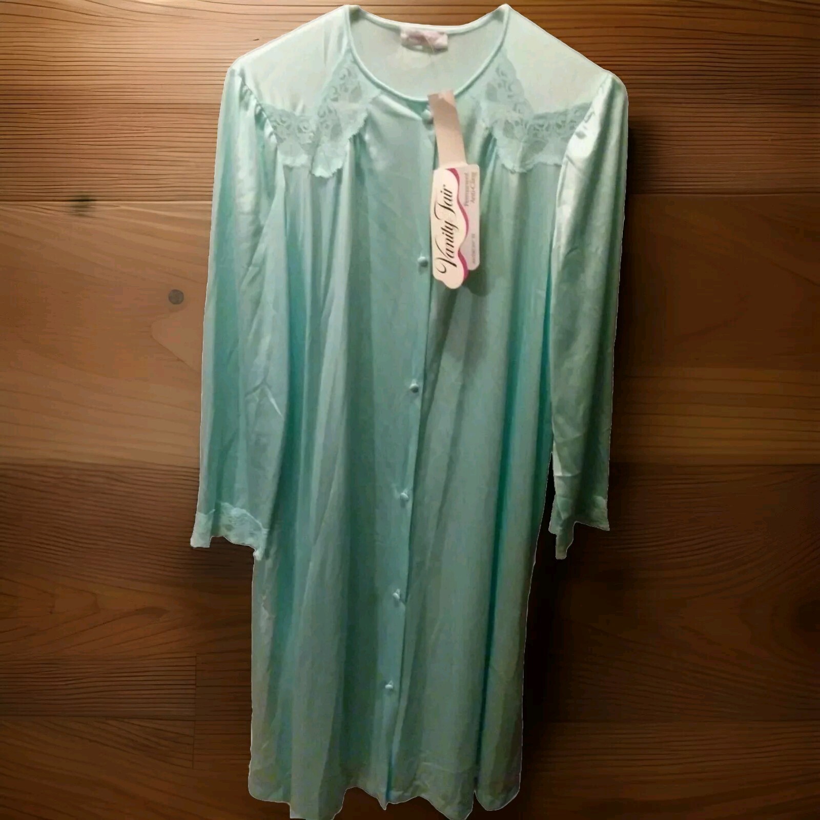 Vintage NWT Vanity Fair Satin Nylon Lace Aqua Button Up Night Gown Robe Size S