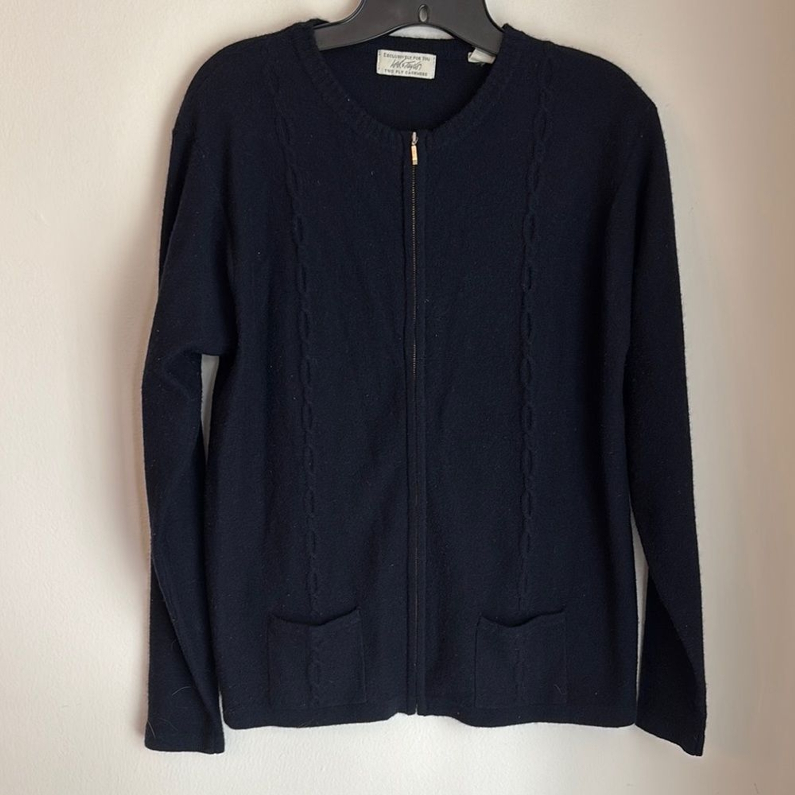 Vintage 100% Cashmere Women’s Classic navy blue full zip cable knit Sweater LG
