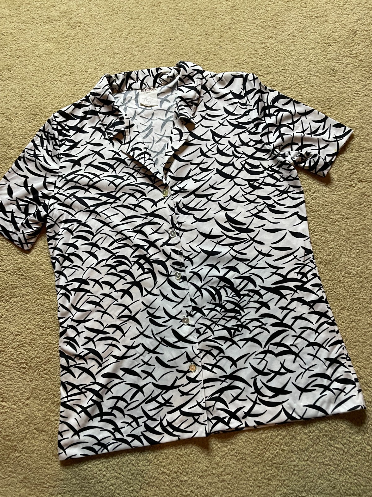 Vintage 70s Disco Koko Knits of California USA Bird Print Black White Blouse M/L