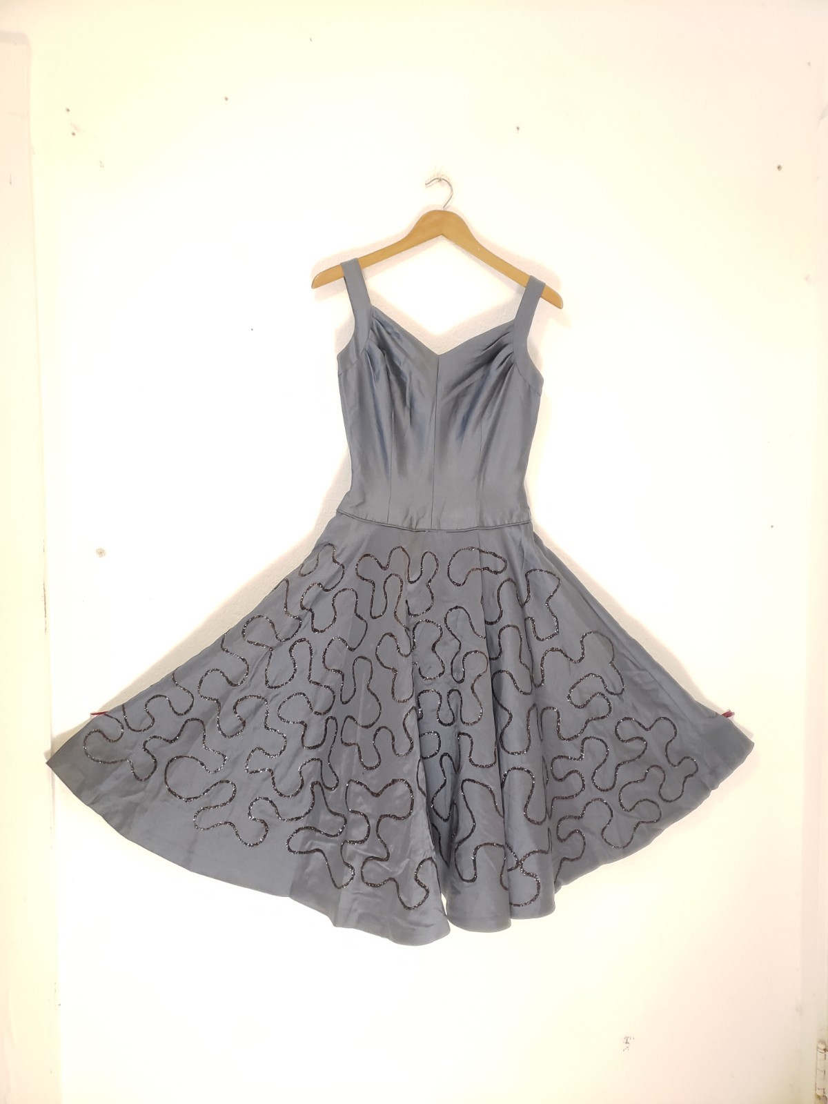 Vtg 50s Minx Modes Dress Gray Glitter Flare Skirt Dress MCM Sz 13 / M Glam