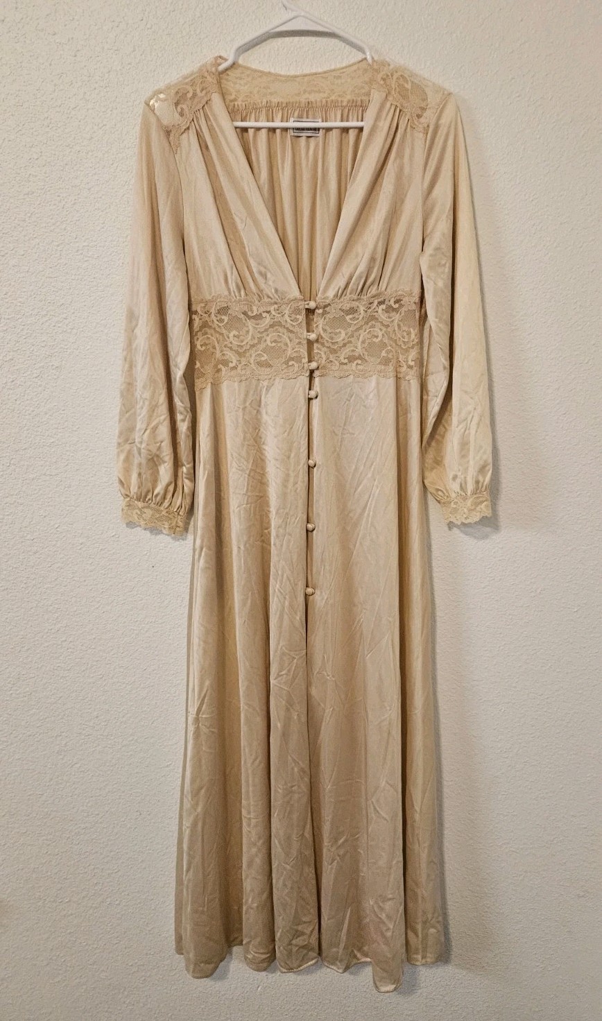 ​VTG 70s Maidenform Dreamwear Peignoir Set M Tan Beige Nylon Lace Robe Gown USA
