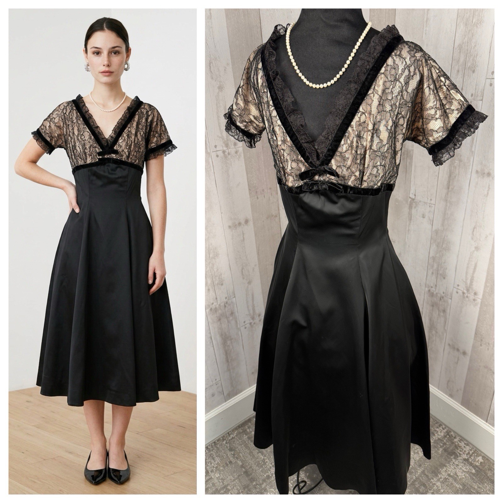 1940s Vintage Aline Party Dress Inky Black WWII Pinup Lace Overlay 1950s S/XS