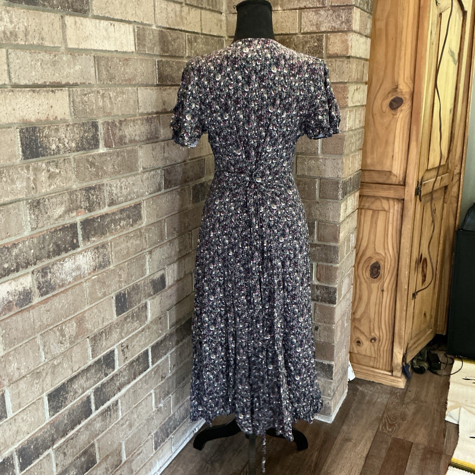 90s VTG DBY Ltd Floral Maxi Dress Button Front Tie Back V-Neck Size S Ditsy 33E7