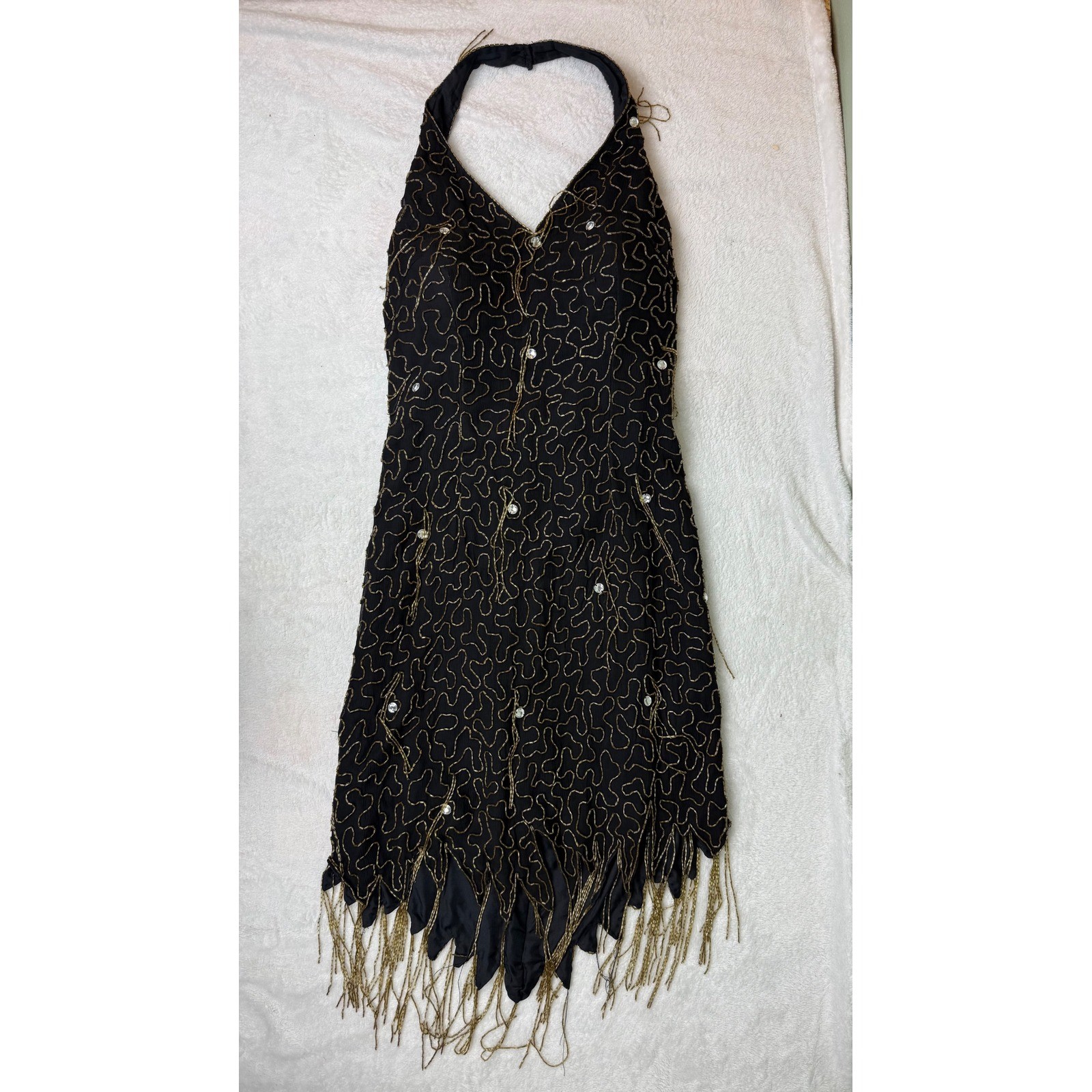 VTG Daval Designs Samir Suri Silk Beaded Halter Dress Black Gold Fringe Gatsby