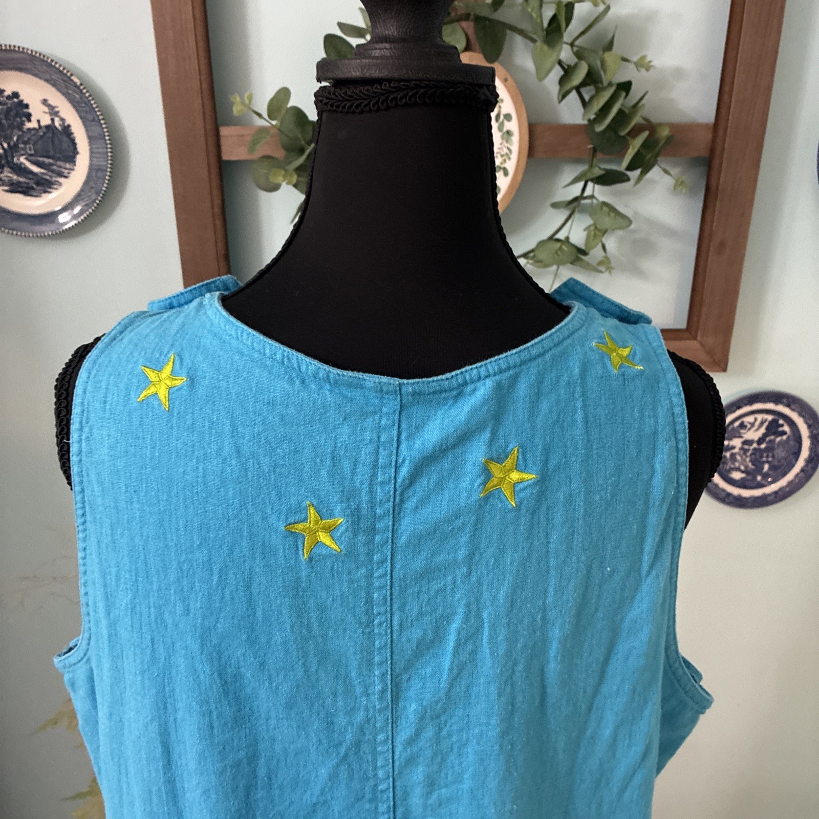Vintage Quaker Factory Large Aqua Blue Celestial Linen/ Rayon Dress Pocket