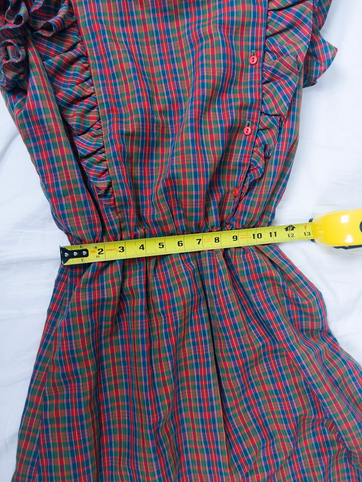 Vintage 60s 70s Red Plaid Ruffle Prairie Midi Dress Best Fit S/M Western Holiday