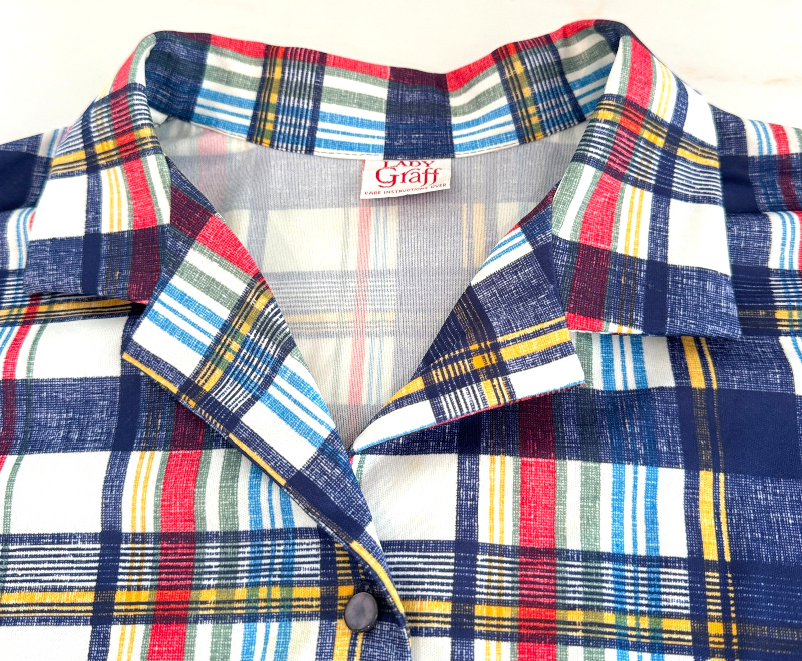 Vintage 70s Lady Graff Plaid Shirt Womens M Blue Red Button Front Retro Top Mod
