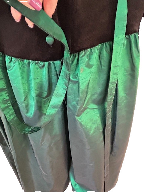 Just Ducky Vtg Dress Sz12-13 Black Velvet Emerald Green Taffeta Buttons Ties