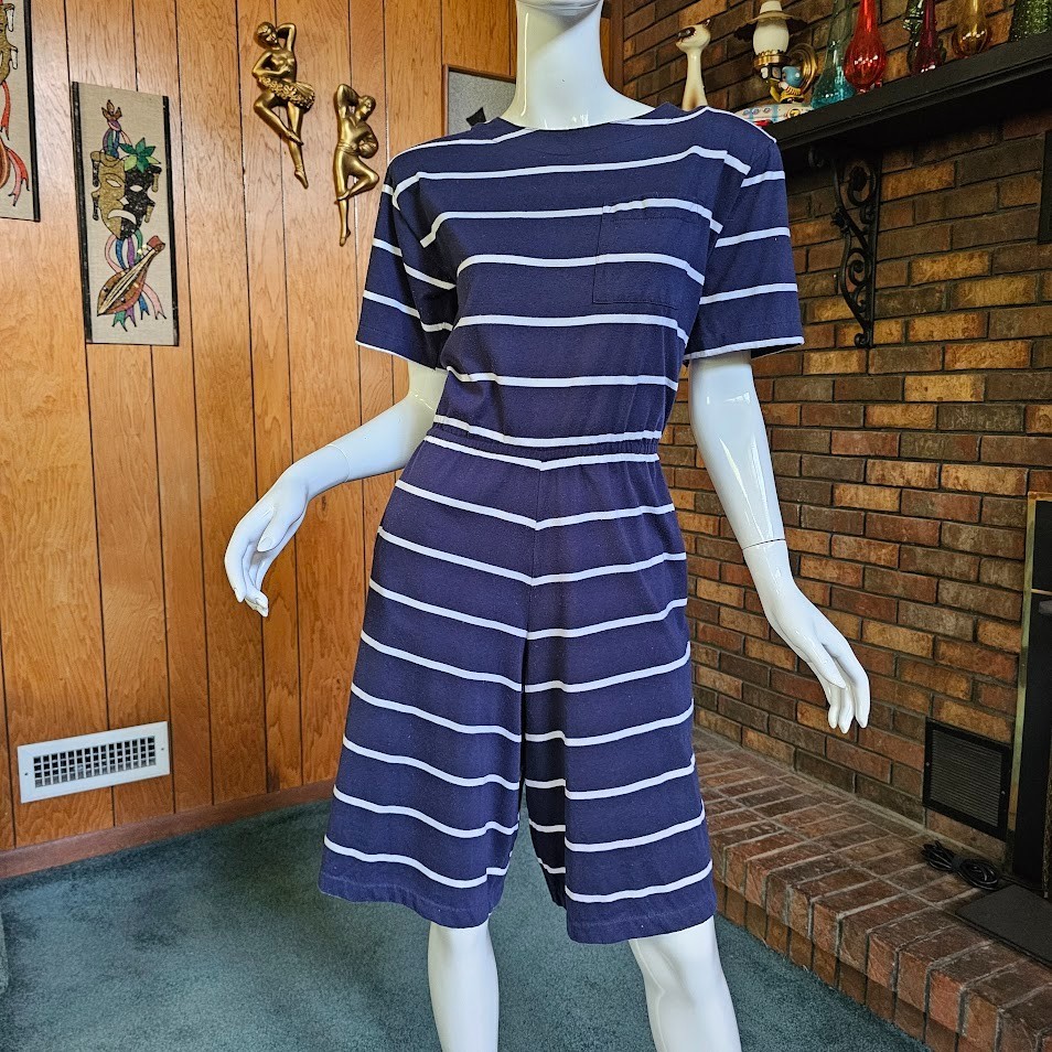 Vtg 90s Preppy Momcore Stripe Navy Playsuit Shorts Mini Dress T-Shirt Romper S/M