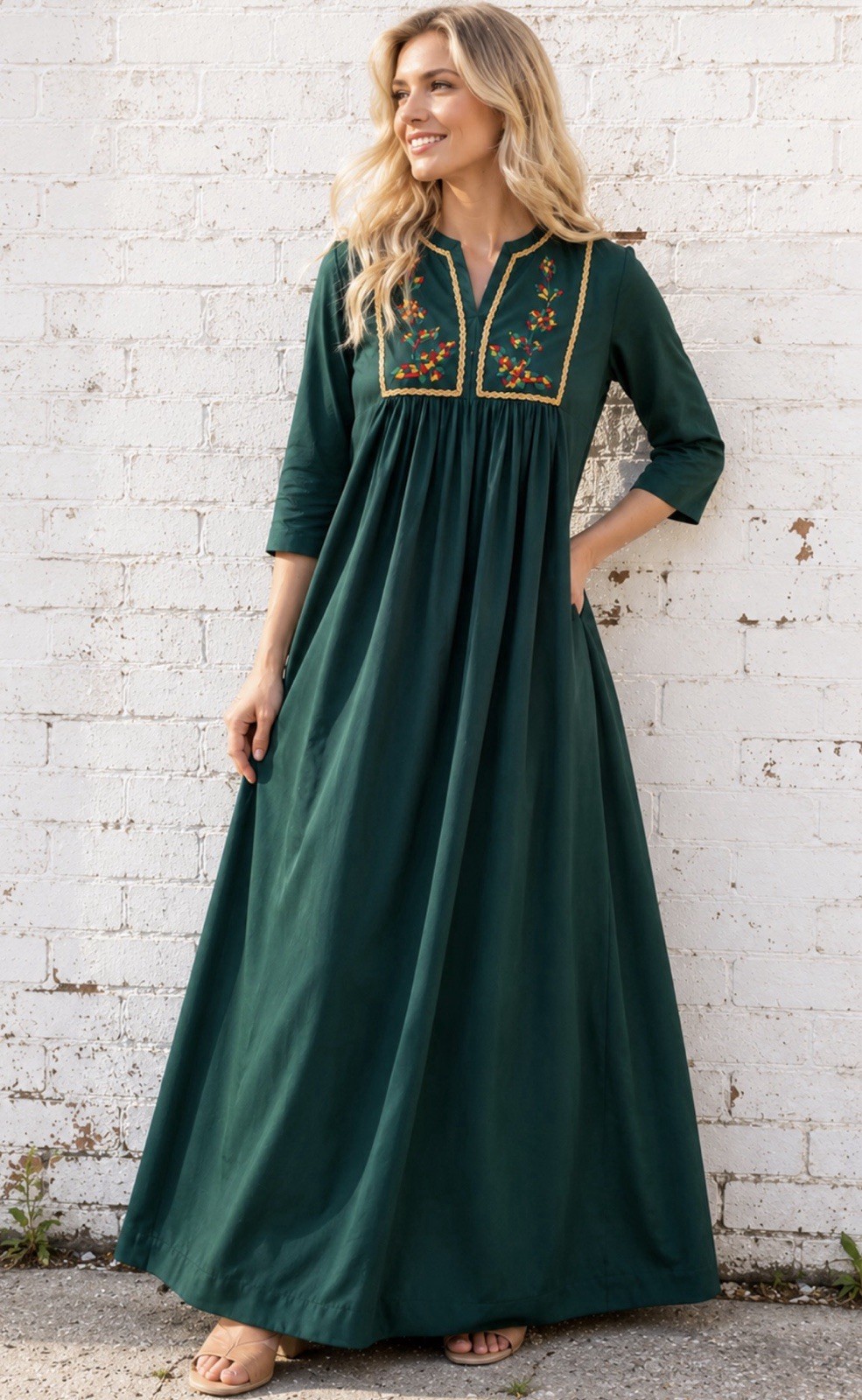 Vintage 70s Green Embroidered Maxi Hostess Dress Folk Boho Lounge Gown M L