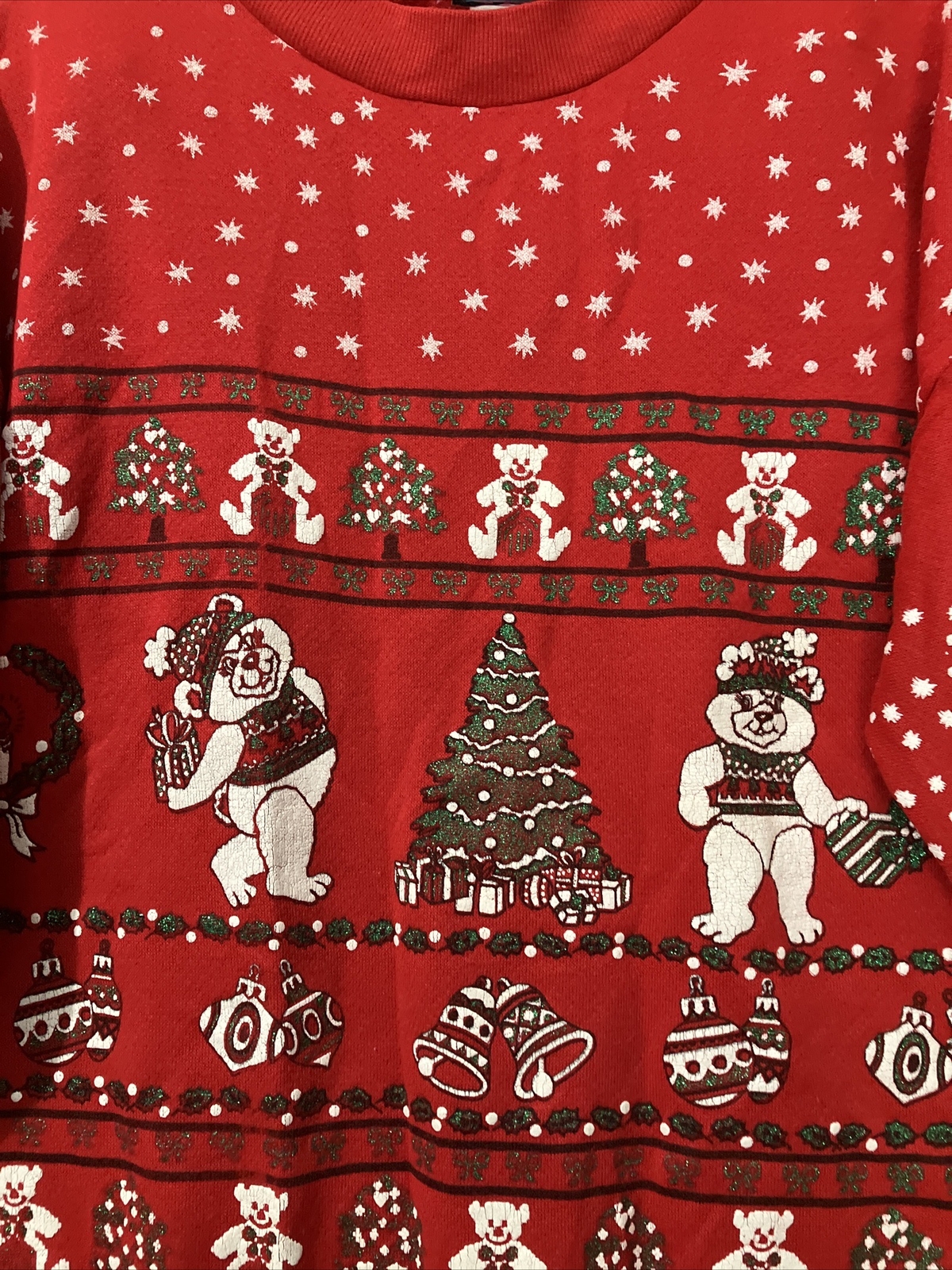 Vintage Sky Lite 80s Red Teddy Bear Christmas Crewneck Sweater Glitter Size M