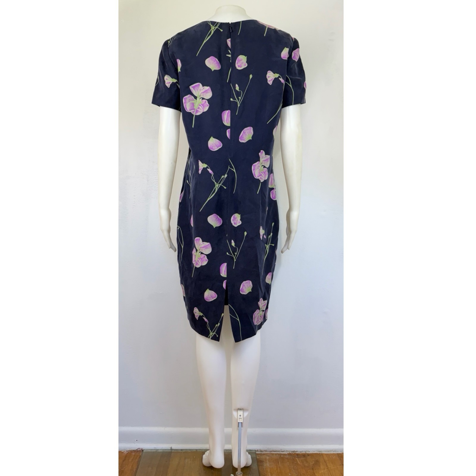 Vintage Iris Print Silk Dress Size Medium 90s Dark Blue/Purple Floral Garden