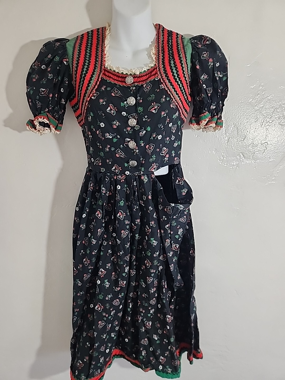 vintage octoberfest dress 38 black w/ green red midi spatz trachteu bavarian sm