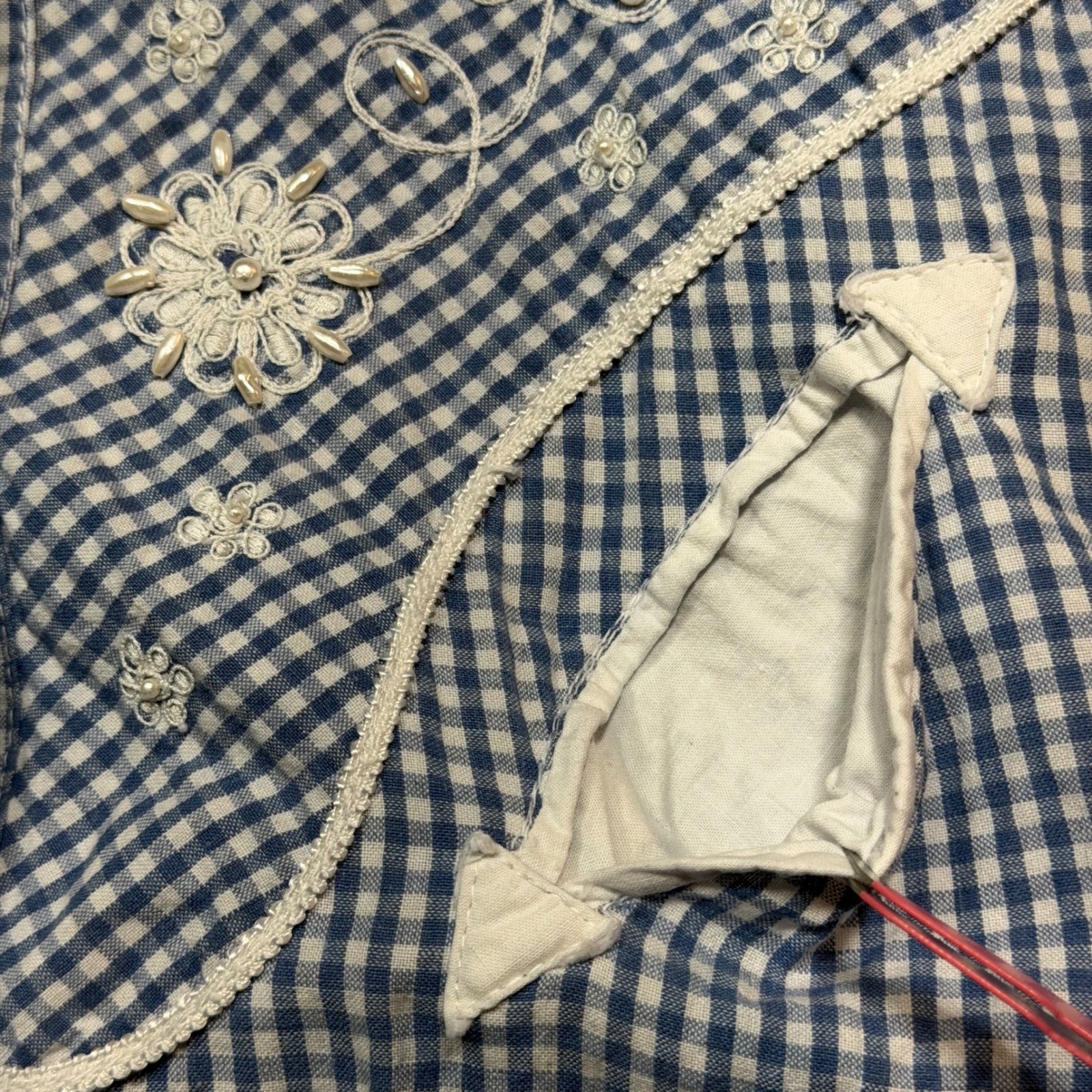 Vintage Western Gingham Embroidered Pearl Button Down Shirt Blue White XL 2XL