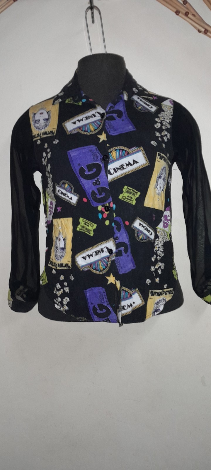 Vtg 80s 90s Movie Amy Byer RARE Cinema Noir Popcorn Print Sheer Sleeve Blouse XS