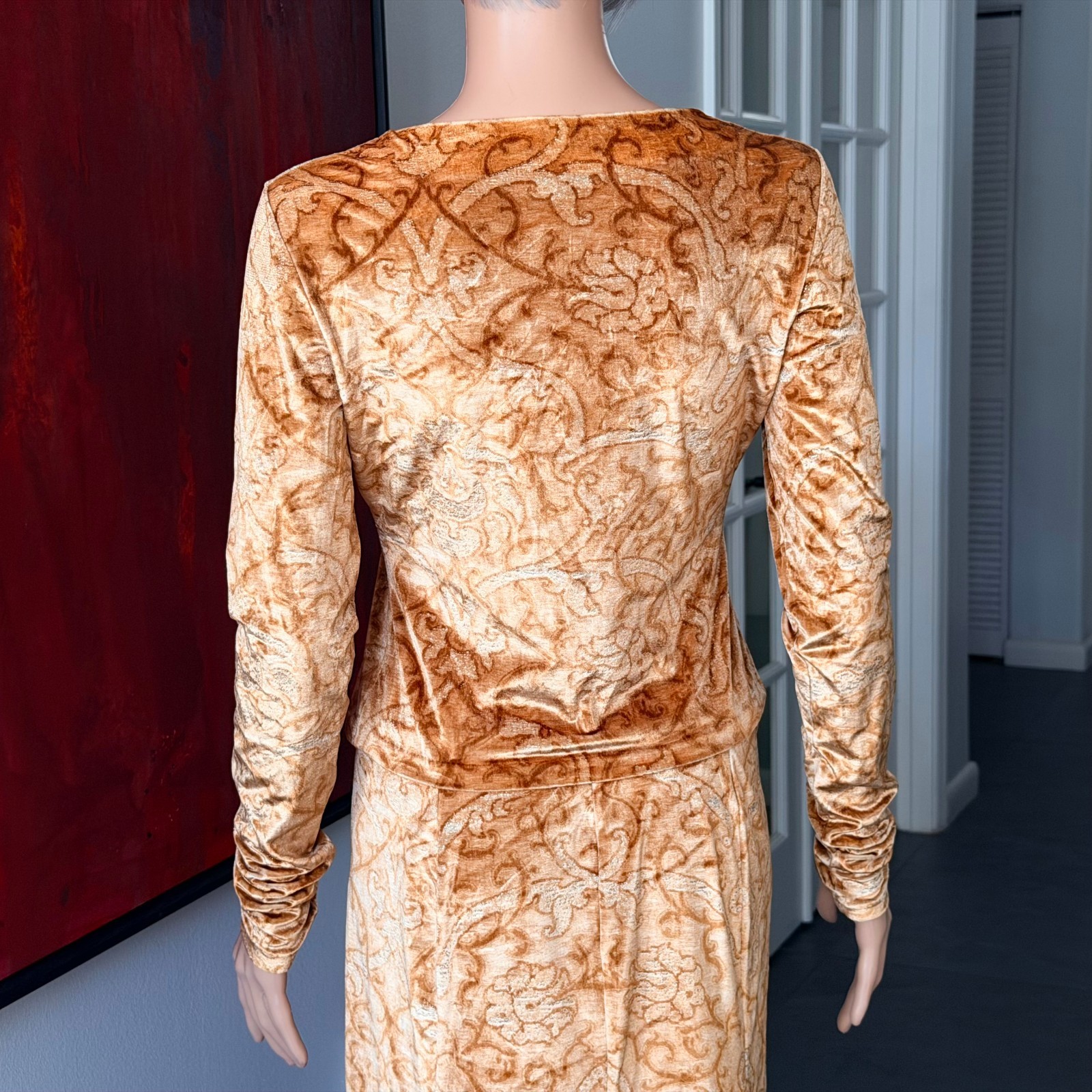 ROBERTO CAVALLI stretch velvet set top & skirt Baroque print from 1990s