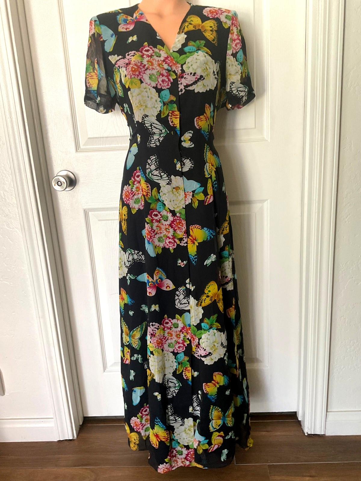 Vintage Rickie Freeman for Teri Jon Maxi Dress Silk Butterflies Lined Size 8