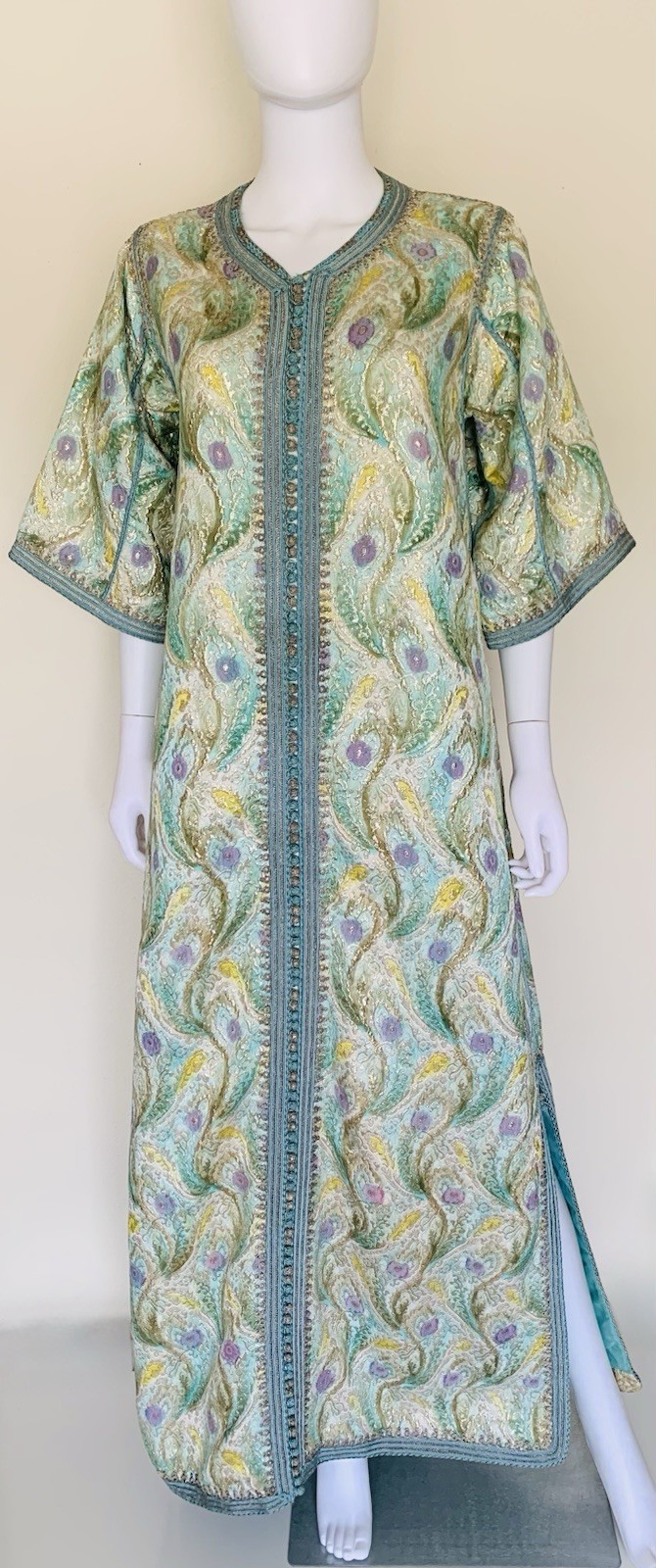 Vintage 1960s 70s Metallic Lurex Blue Purple Silver Caftan Moroccan Maxi Dress L