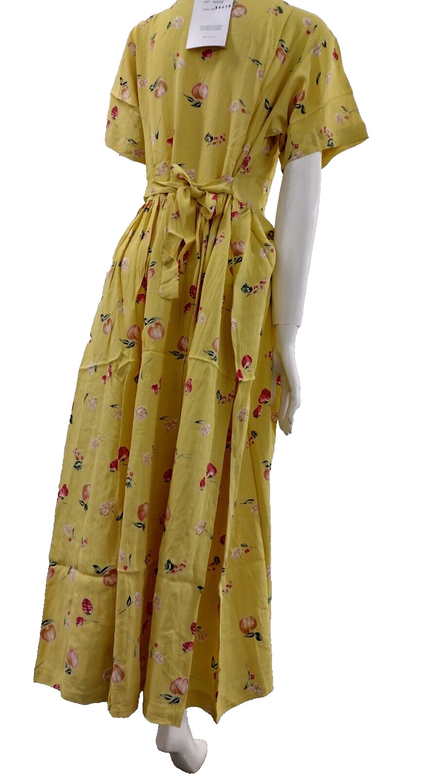 90s Rayon Yellow Dress Granny Apples Strawberry Print Country Easter Spring M