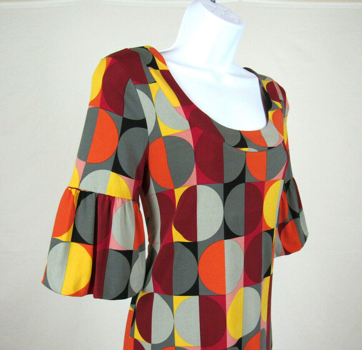 VTG 1980s 90s ELLE SMALL POLY SPANDEX DRESS MOD GEOMETRIC PATTERN PUFFY CUFFS