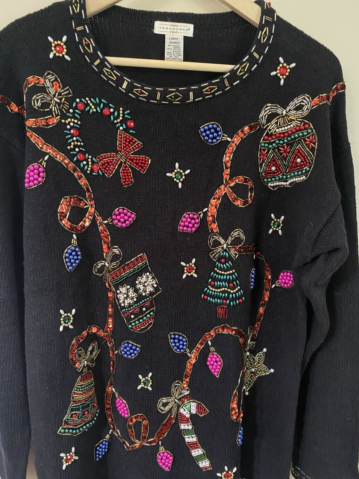 Vintage YarnWorks Beaded Sequin Christmas Sweater Tree Wreath Ornament Star L