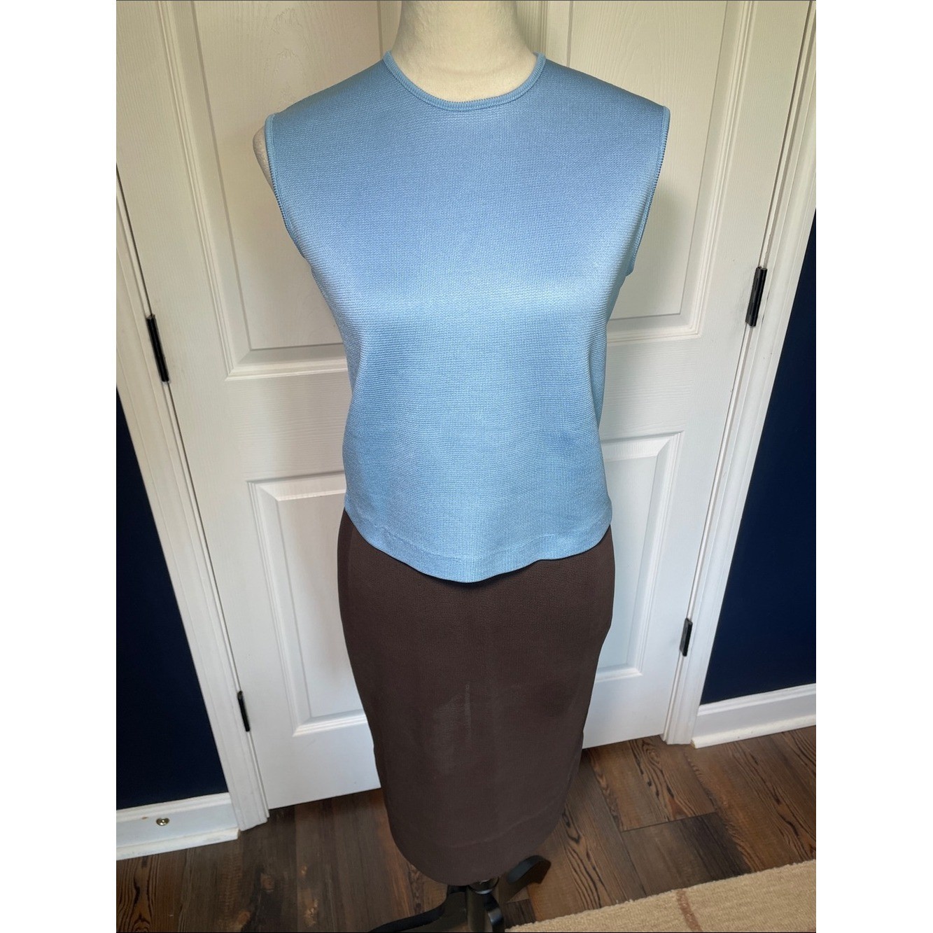 Vintage 60s Miss Pernilla 3 Piece Brown Knit Skirt Set Blue & Yellow Trim Size 6