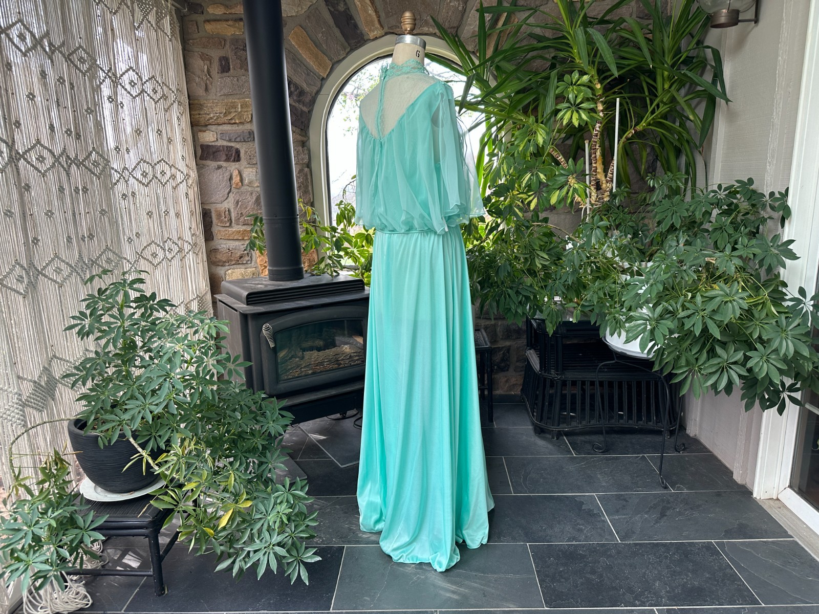 Vintage 1970s Light Green Knit and Chiffon Lace Maxi Dress