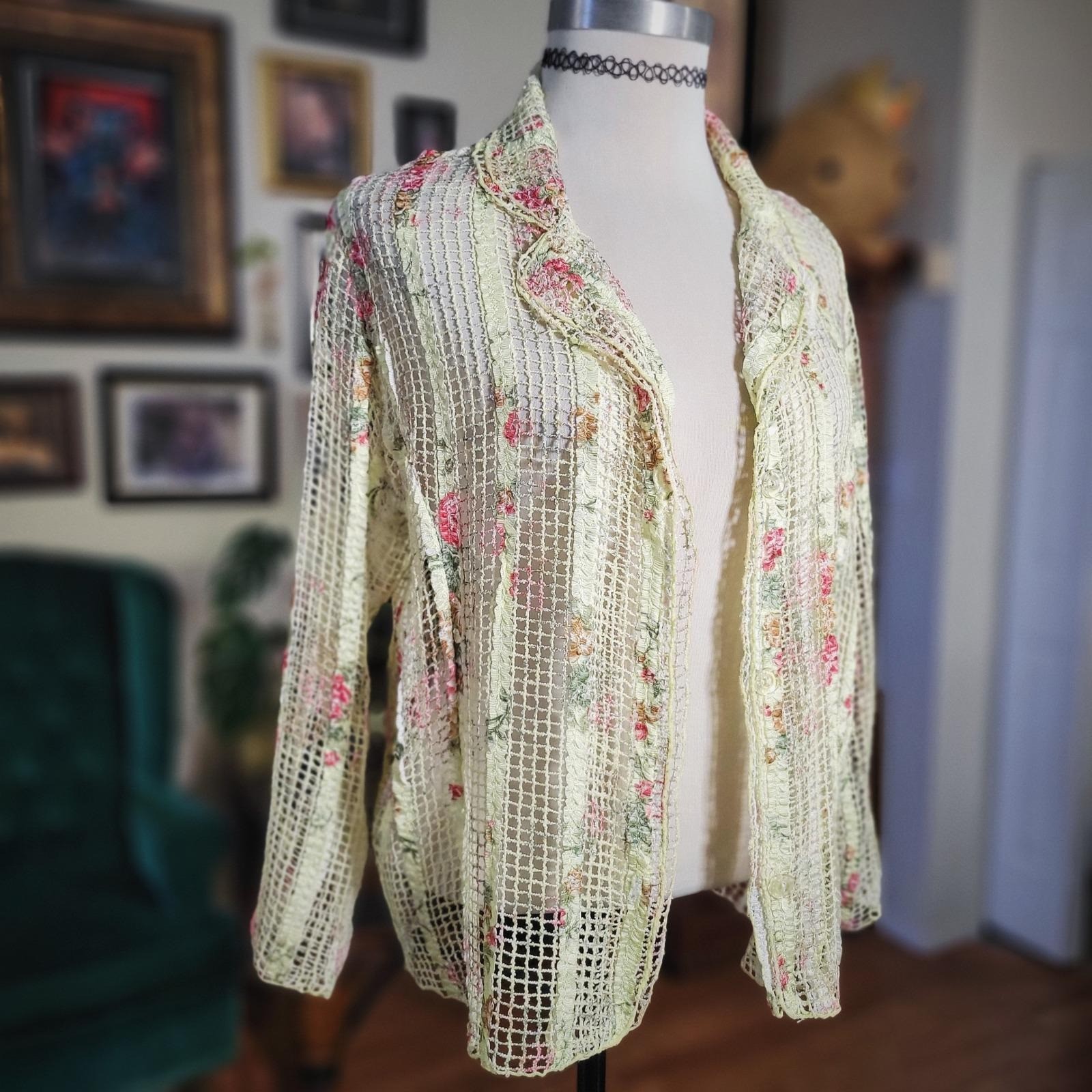 Demisienne Lace Cardigan Vintage Y2K Floral Mesh Sheer Jacket Yellow Boho Large