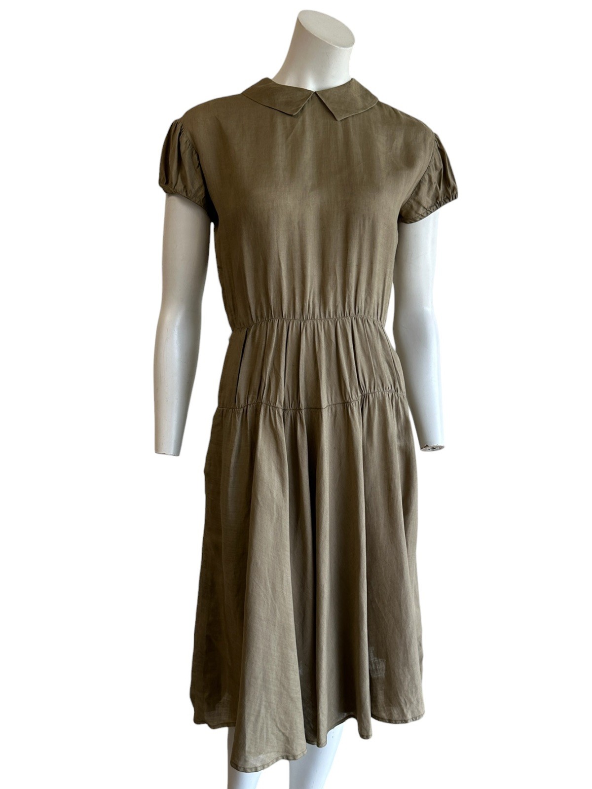 1940s 1950s Olive Green Dress Peter Pan Collar Rayon Linen Feel